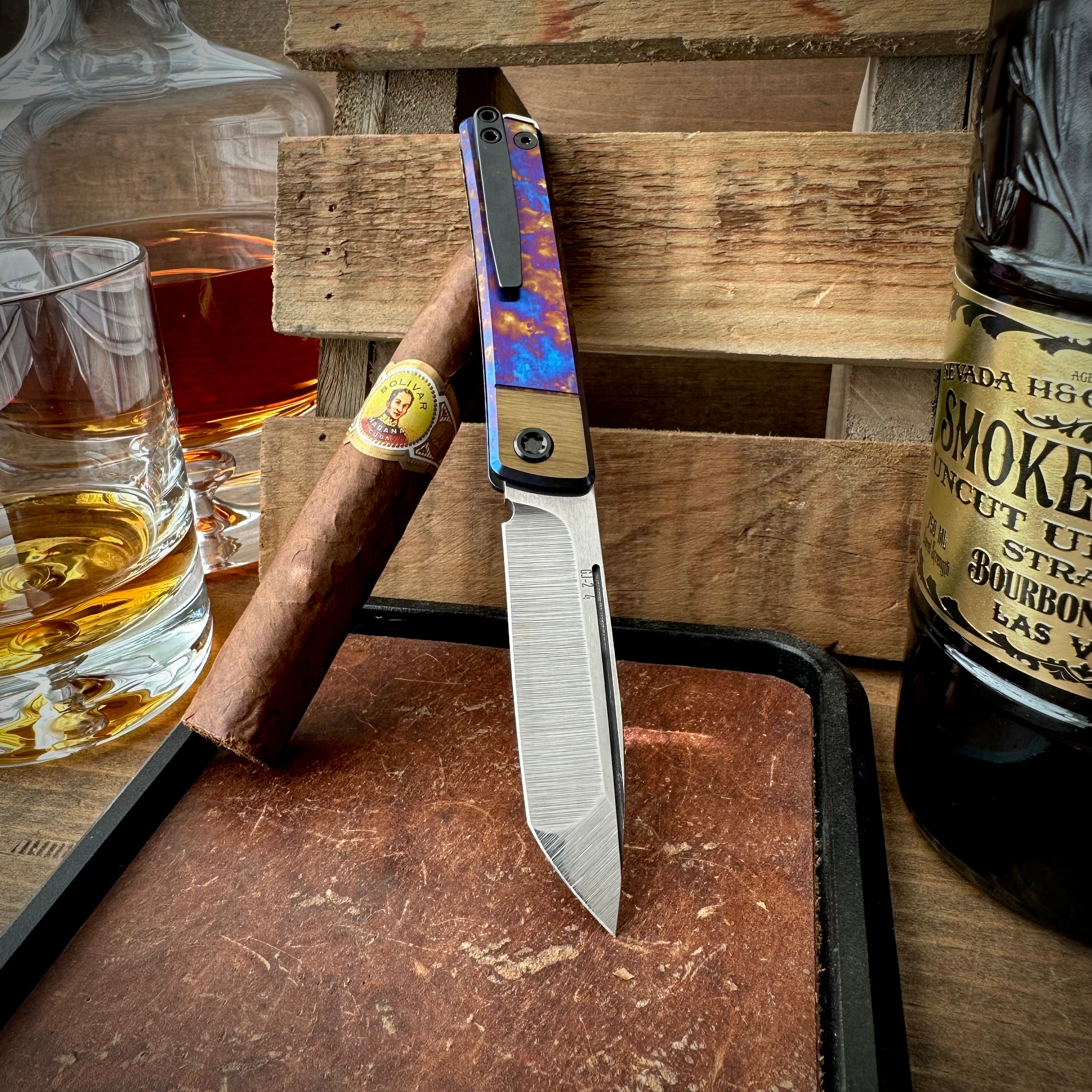 Medford Knives Gentleman Jack 2 Tumbled Tanto, Bronze Bolsters, Violet/Bronze Ano