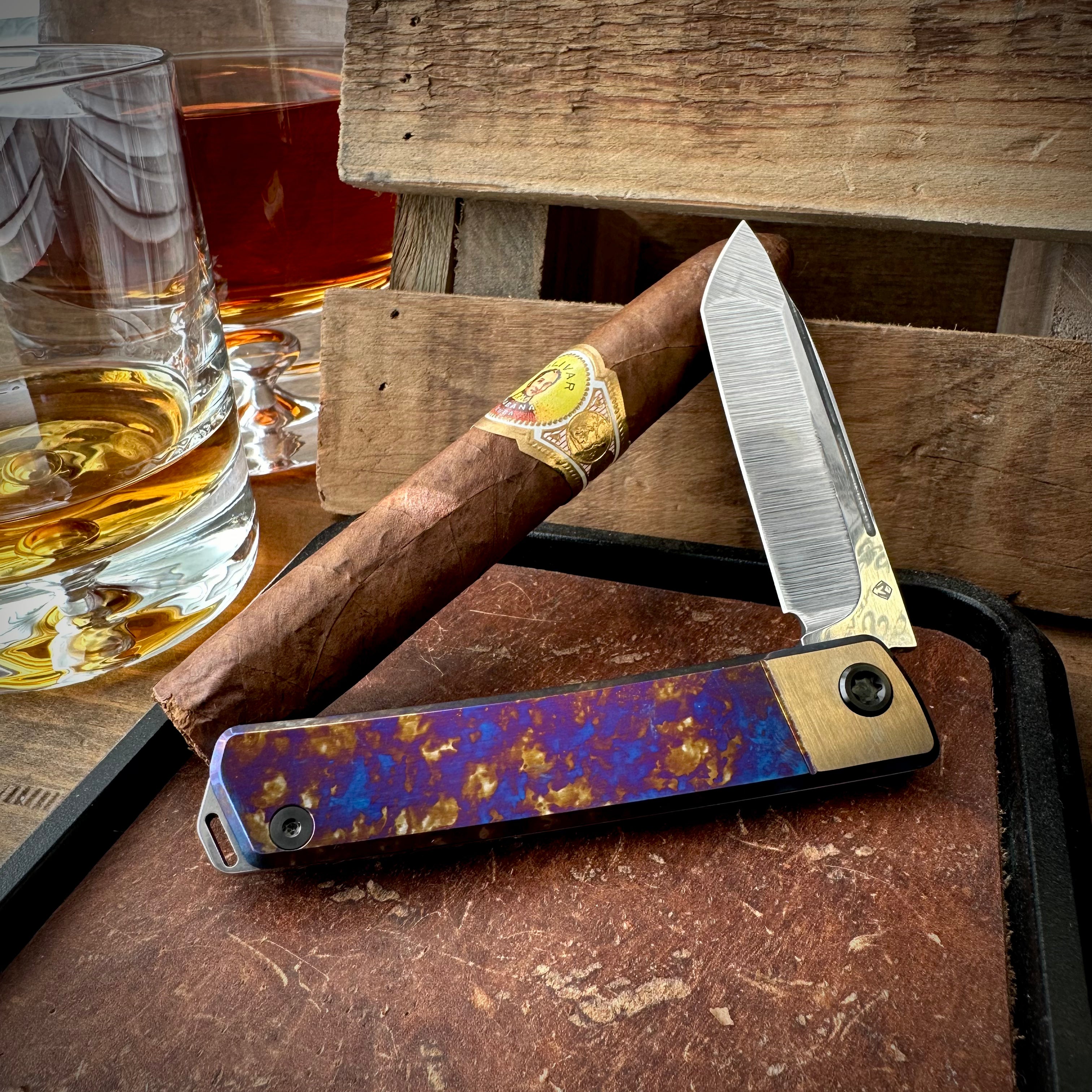 Medford Knives Gentleman Jack 2 Tumbled Tanto, Bronze Bolsters, Violet/Bronze Ano