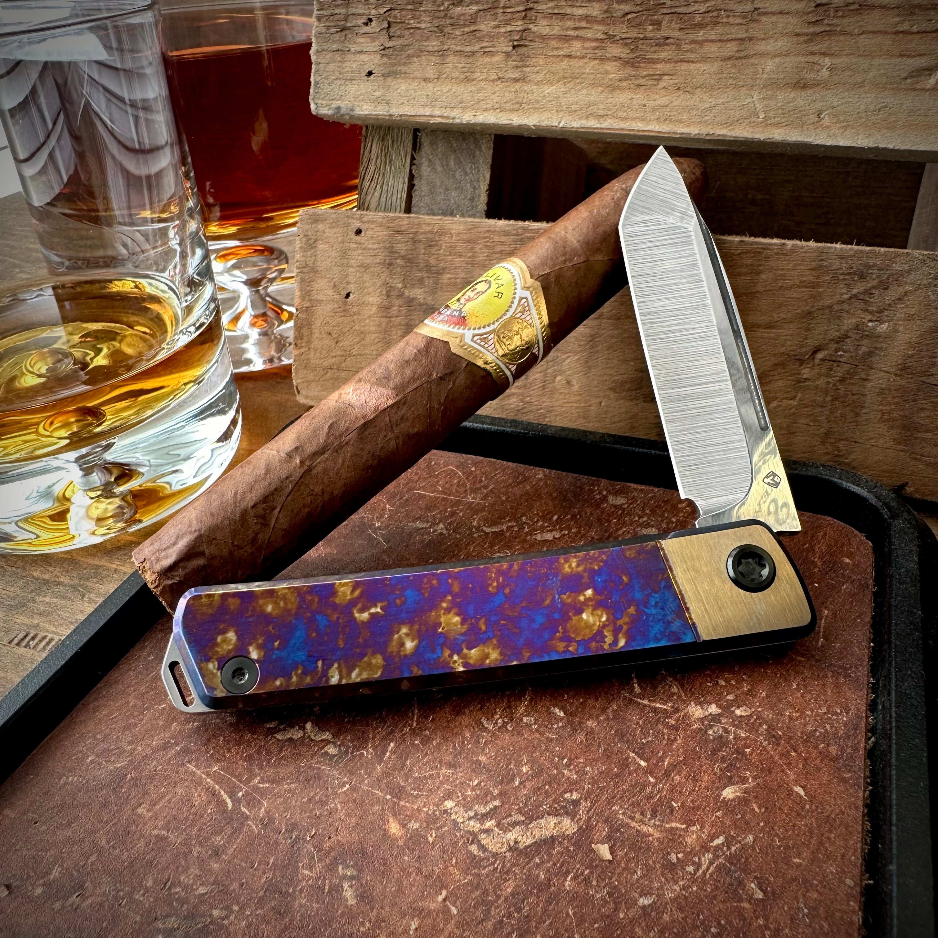 Medford Knives Gentleman Jack 2 Tumbled Tanto, Bronze Bolsters, Violet/Bronze Ano