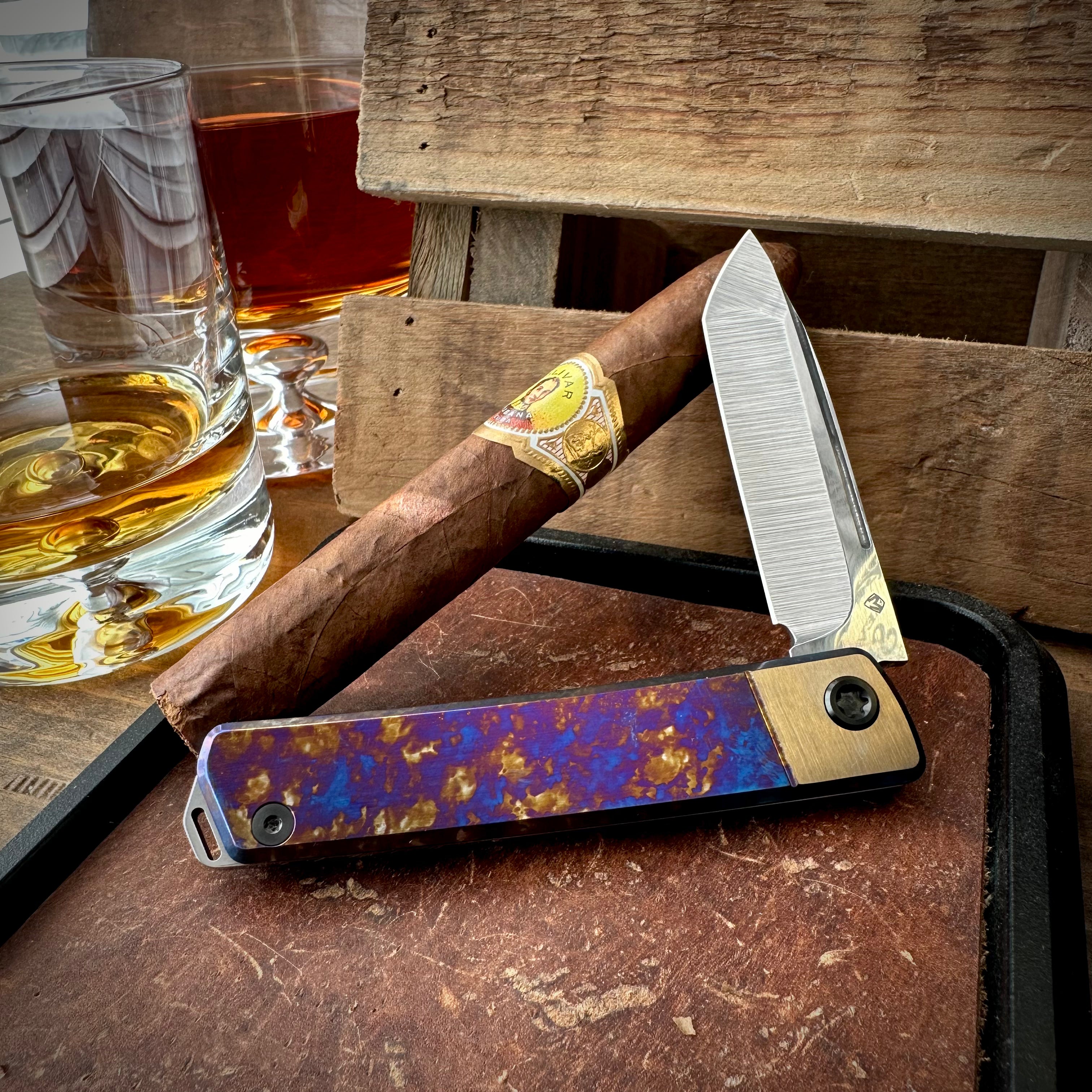 Medford Knives Gentleman Jack 2 Tumbled Tanto, Bronze Bolsters, Violet/Bronze Ano