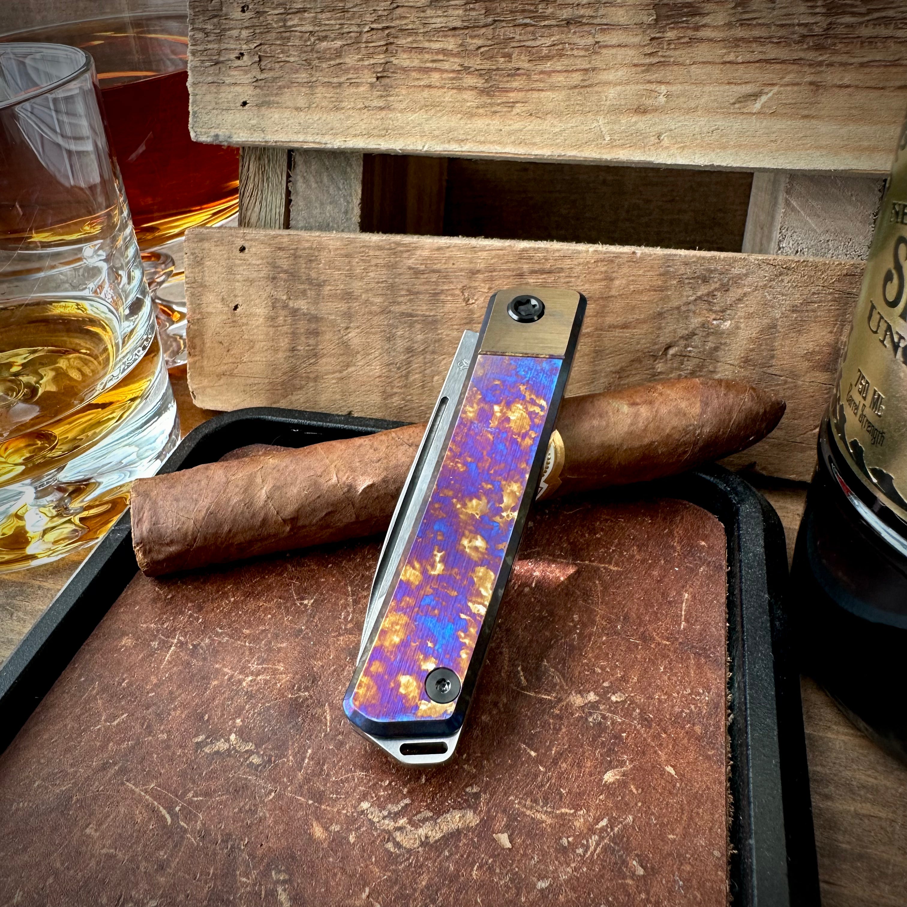 Medford Knives Gentleman Jack 2 Tumbled Tanto, Bronze Bolsters, Violet/Bronze Ano