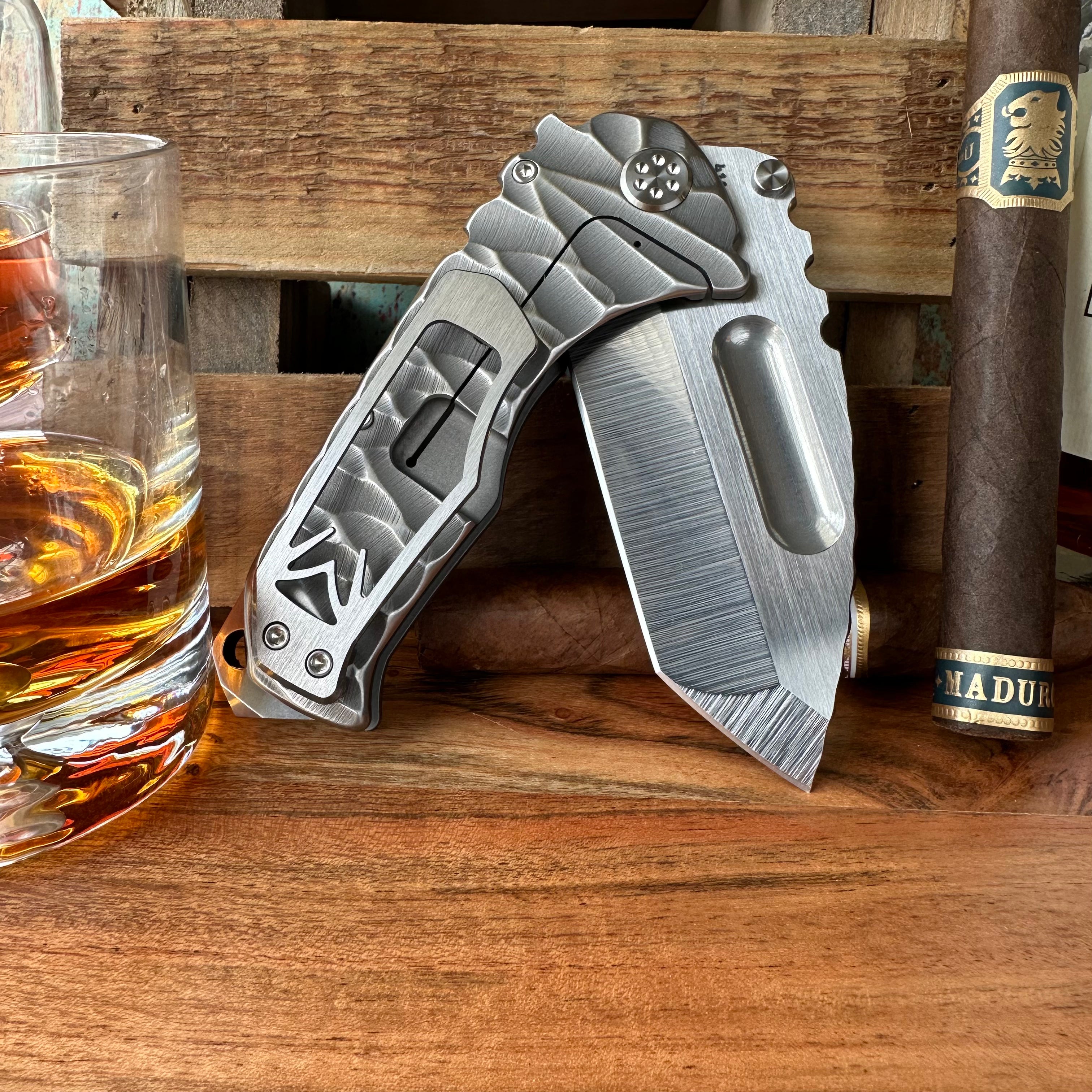 Final Edition Medford Knife and Tool Praetorian Ti - Smoothed Jimped Satin S45vn Tanto, Contoured Twisted Predator