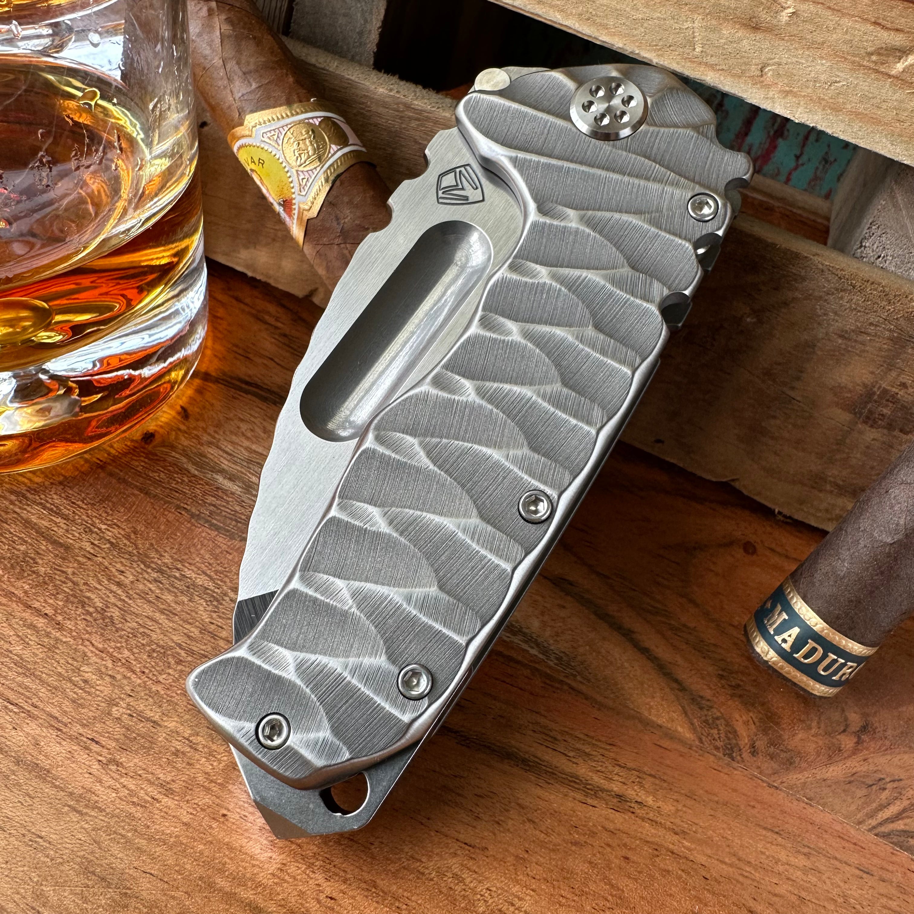 Final Edition Medford Knife and Tool Praetorian Ti - Smoothed Jimped Satin S45vn Tanto, Contoured Twisted Predator