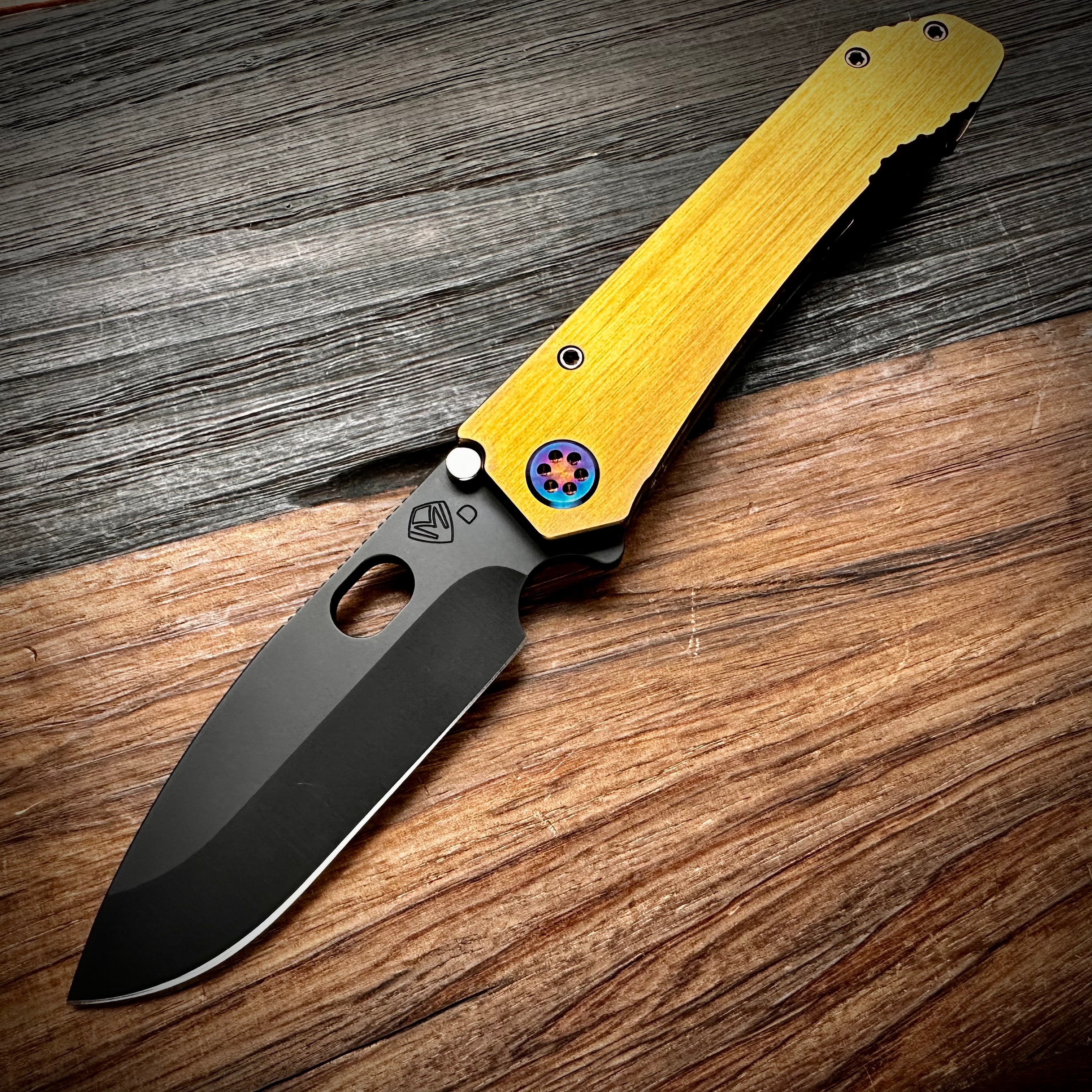 Medford Knife and Tool 187 Drop Point Folding Knife - DLC D2 Blade, Bronzed Handles, Flamed Hardware, DLC Clip