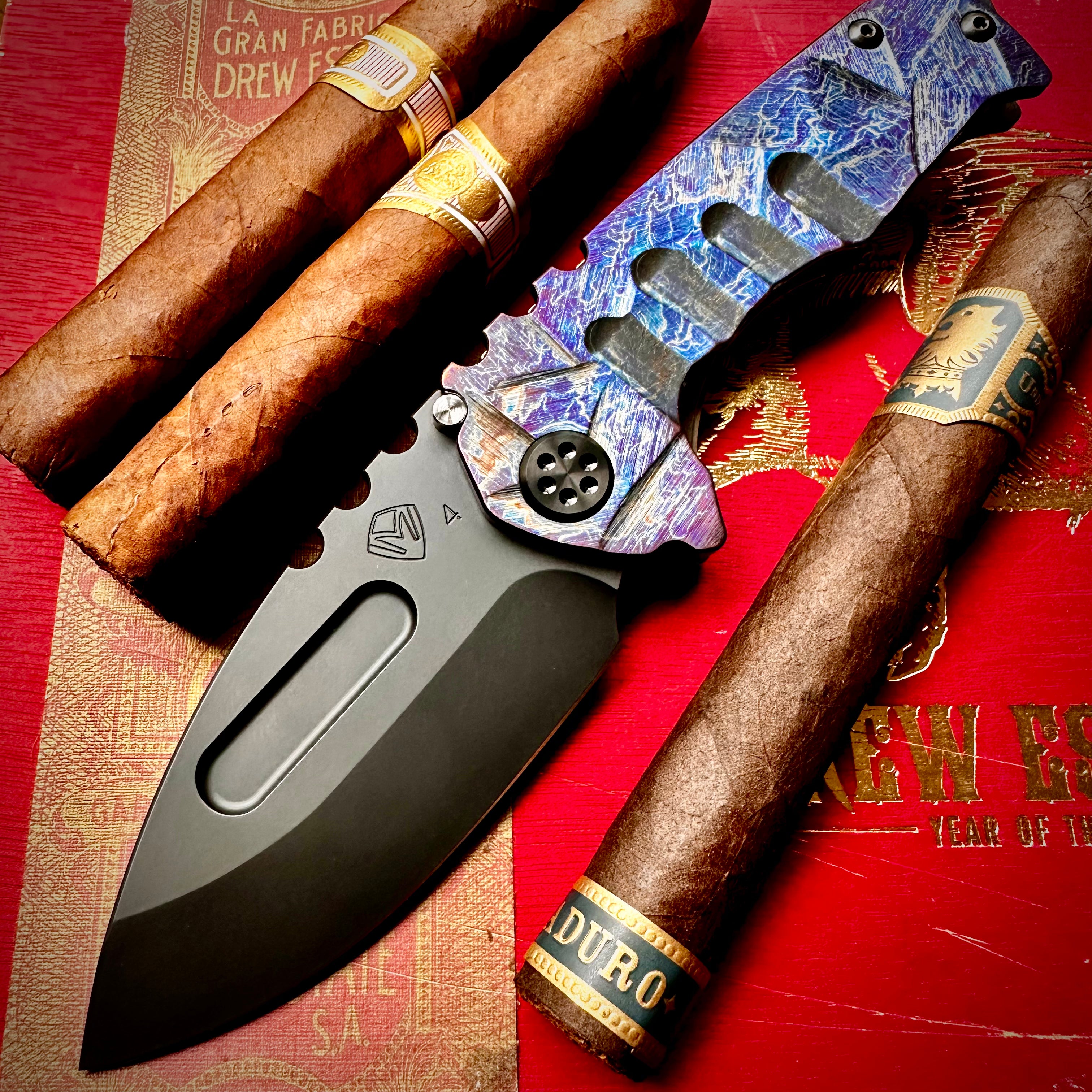 Medford Knife and Tool Praetorian Genesis T Folding Knife - DLC Drop Point Blade, Acid Etched Stained Glass