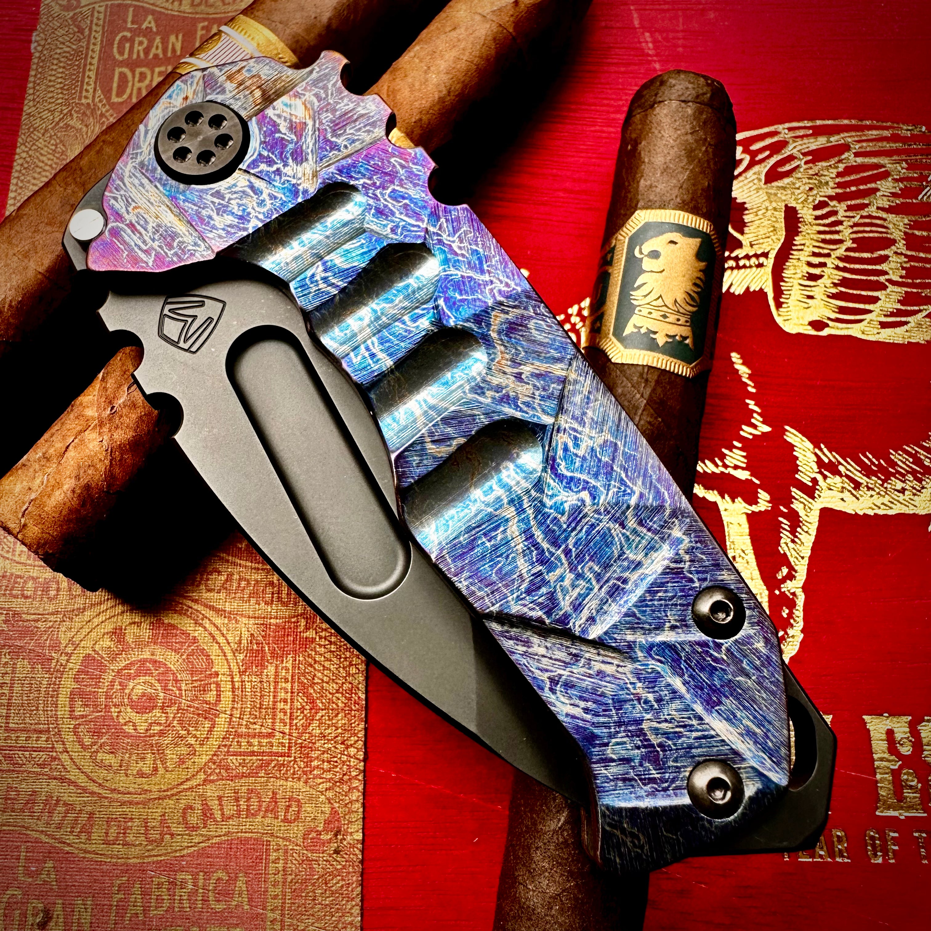 Medford Knife and Tool Praetorian Genesis T Folding Knife - DLC Drop Point Blade, Acid Etched Stained Glass