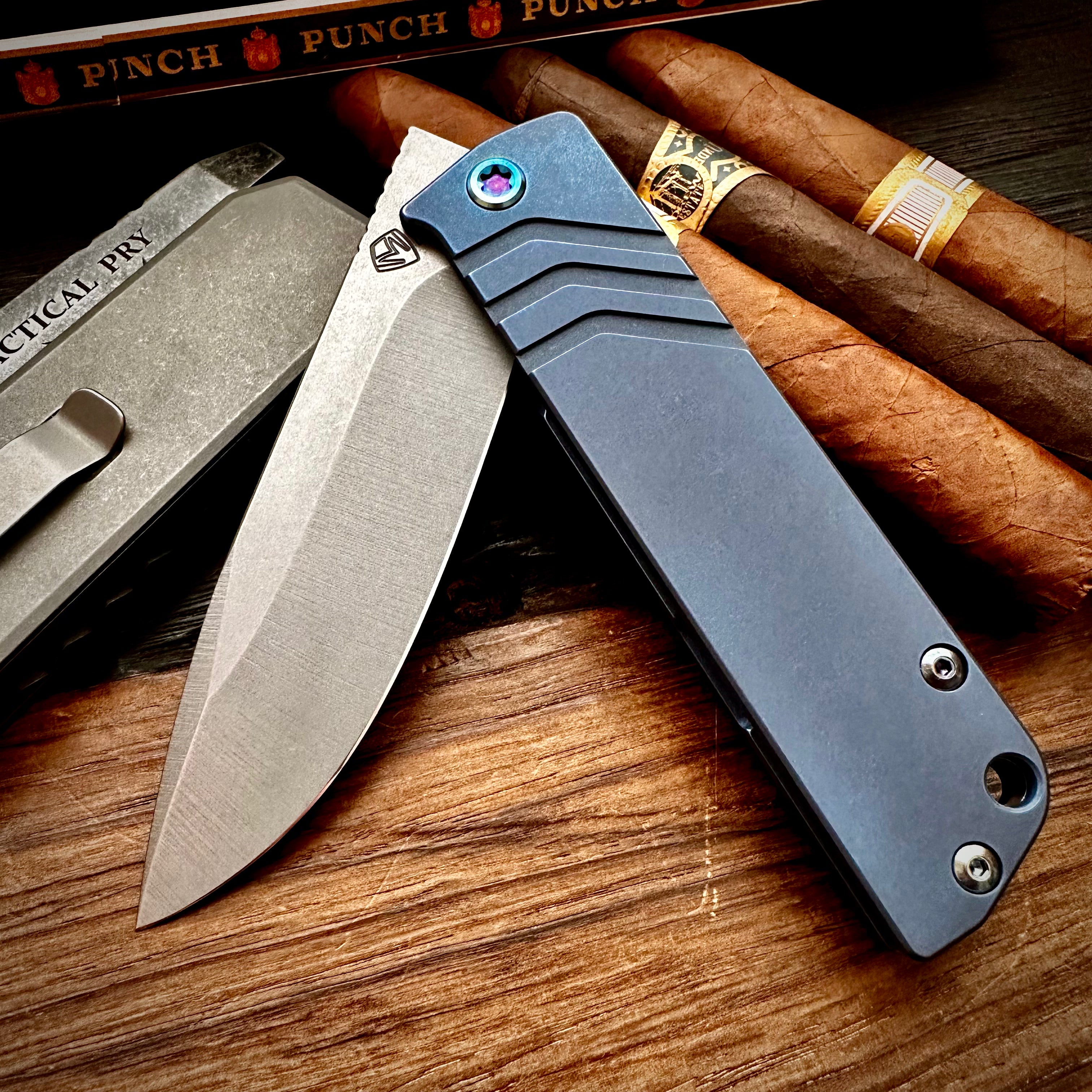Medford Knife and Tool Antik Front Flipper Knife - Old School Tumbled Drop Point, Blue Old School Tumbled Handle