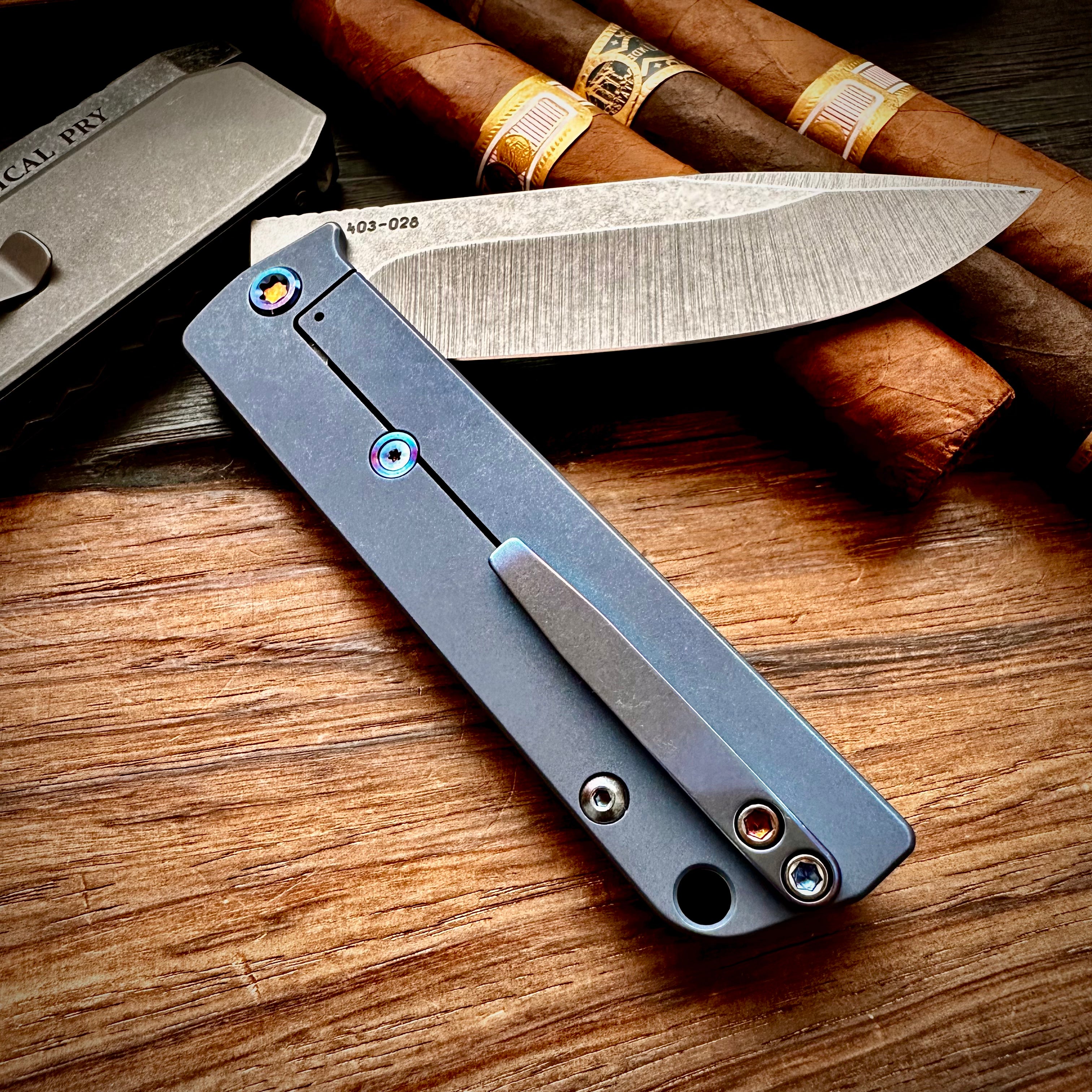 Medford Knife and Tool Antik Front Flipper Knife - Old School Tumbled Drop Point, Blue Old School Tumbled Handle