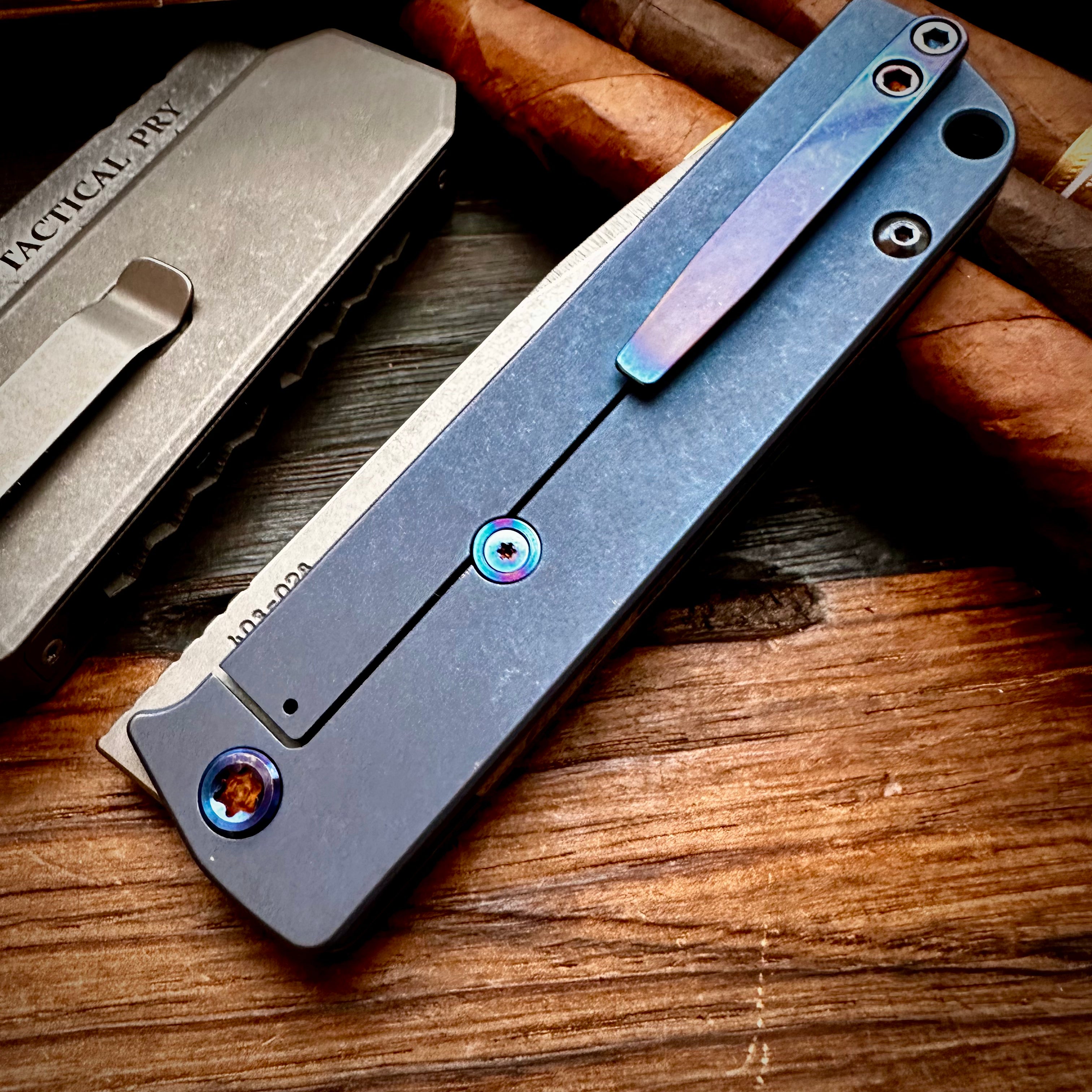 Medford Knife and Tool Antik Front Flipper Knife - Old School Tumbled Drop Point, Blue Old School Tumbled Handle