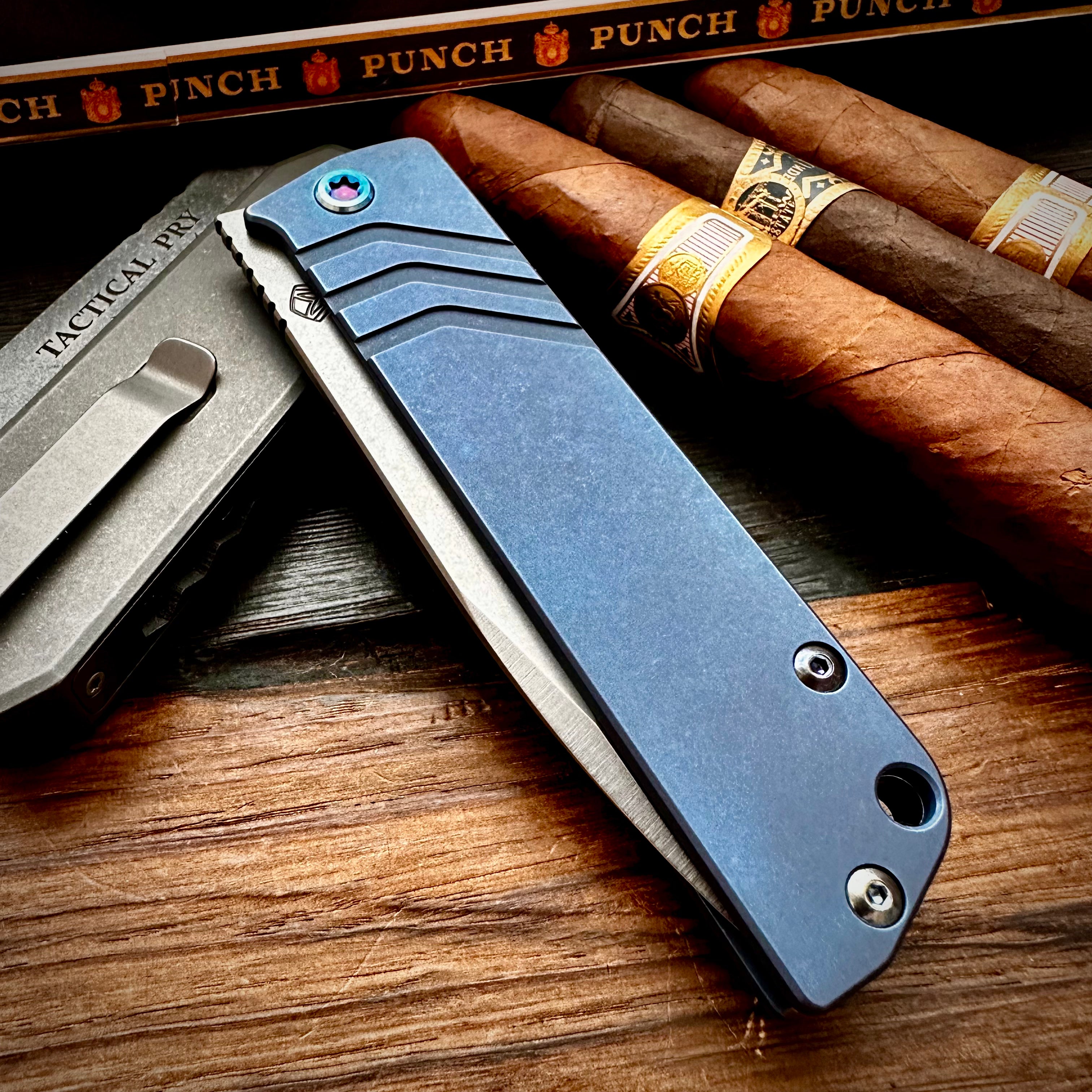 Medford Knife and Tool Antik Front Flipper Knife - Old School Tumbled Drop Point, Blue Old School Tumbled Handle