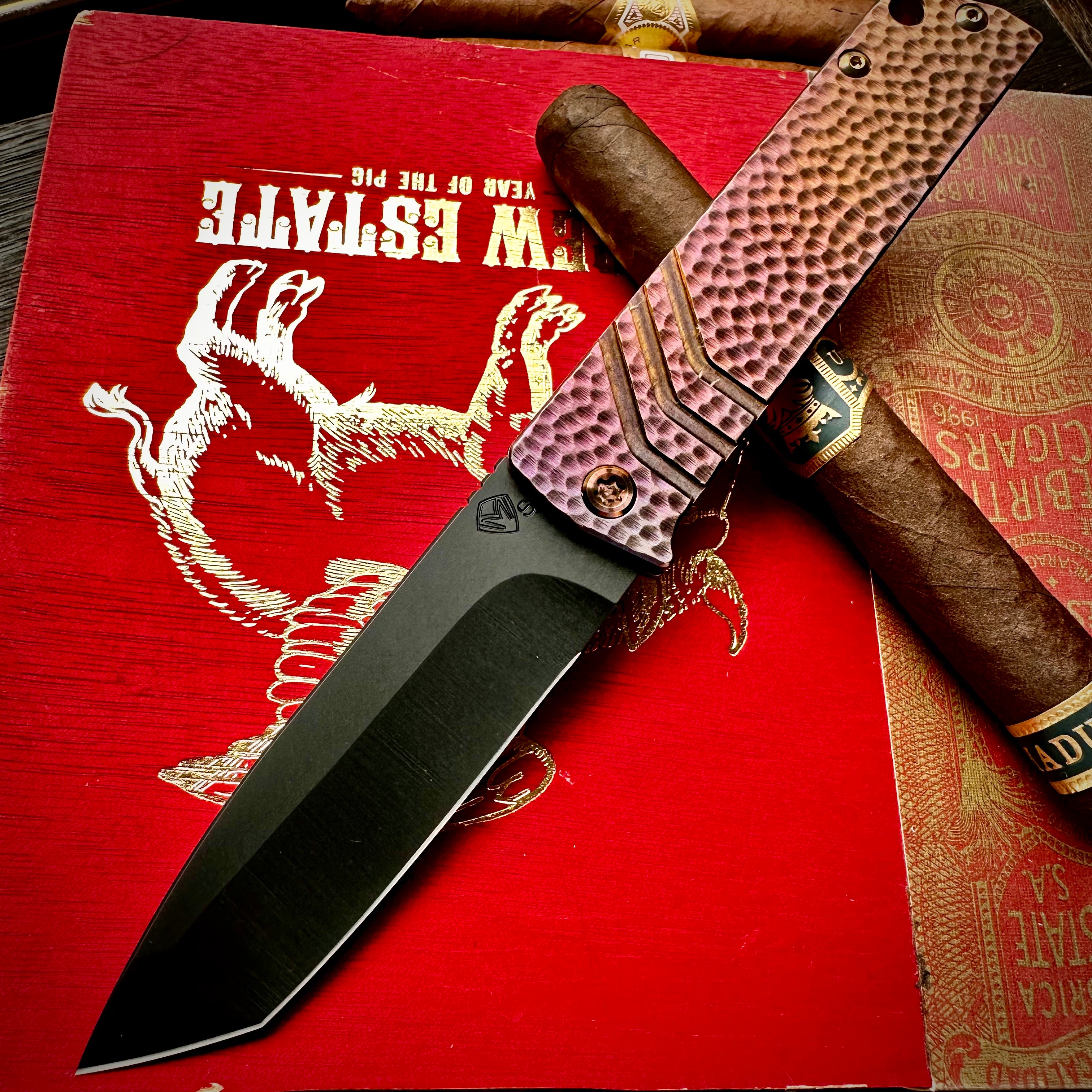 Medford Knife and Tool Antik Front Flipper - S35vn DLC Tanto, Bronze to Violet 'Hammered" Sculpting