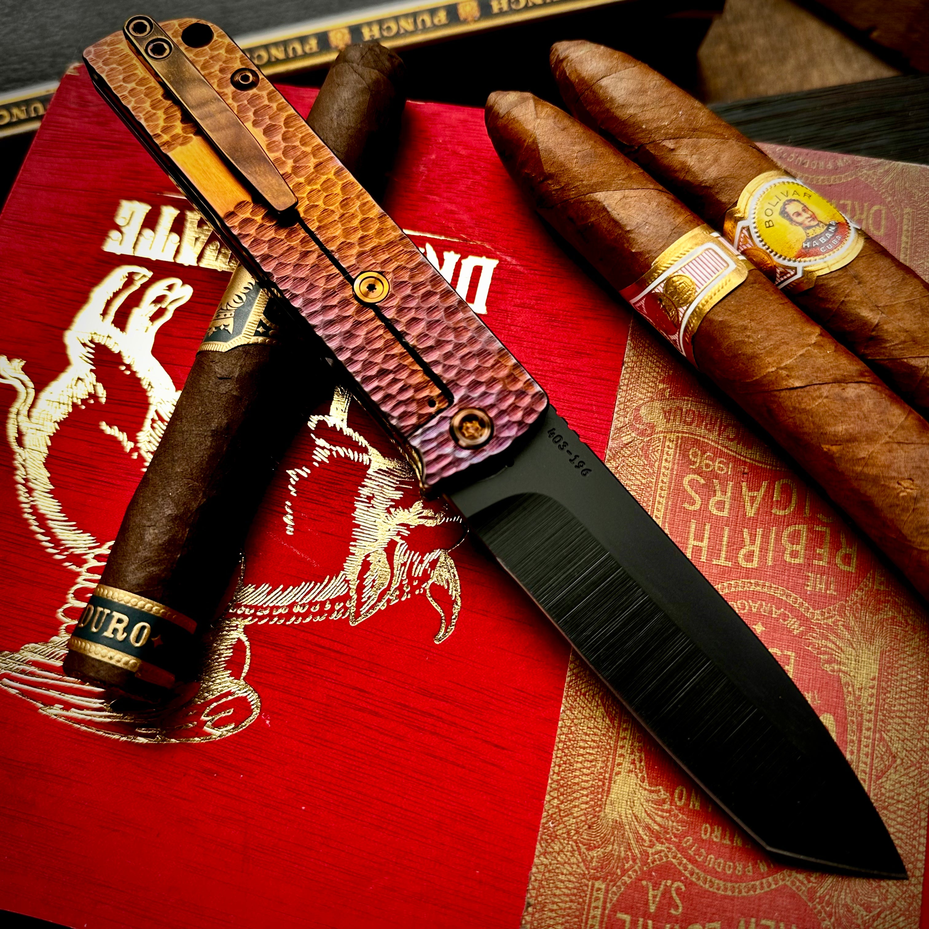 Medford Knife and Tool Antik Front Flipper - S35vn DLC Tanto, Bronze to Violet 'Hammered" Sculpting
