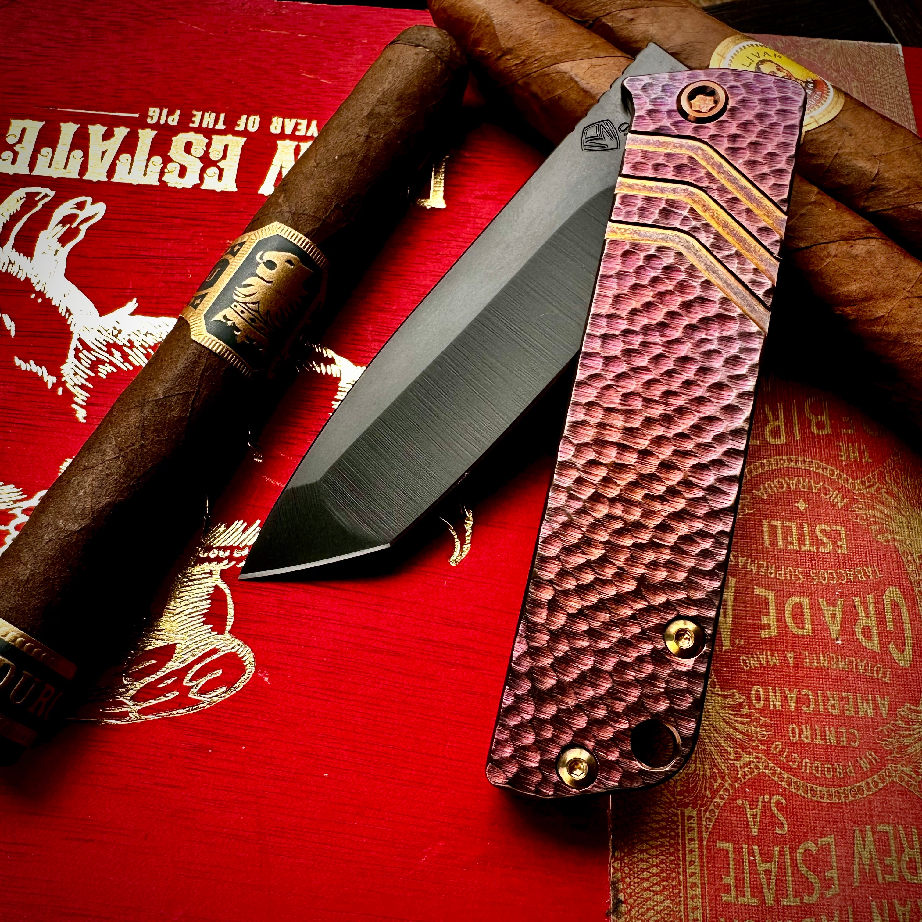 Medford Knife and Tool Antik Front Flipper - S35vn DLC Tanto, Bronze to Violet 'Hammered" Sculpting