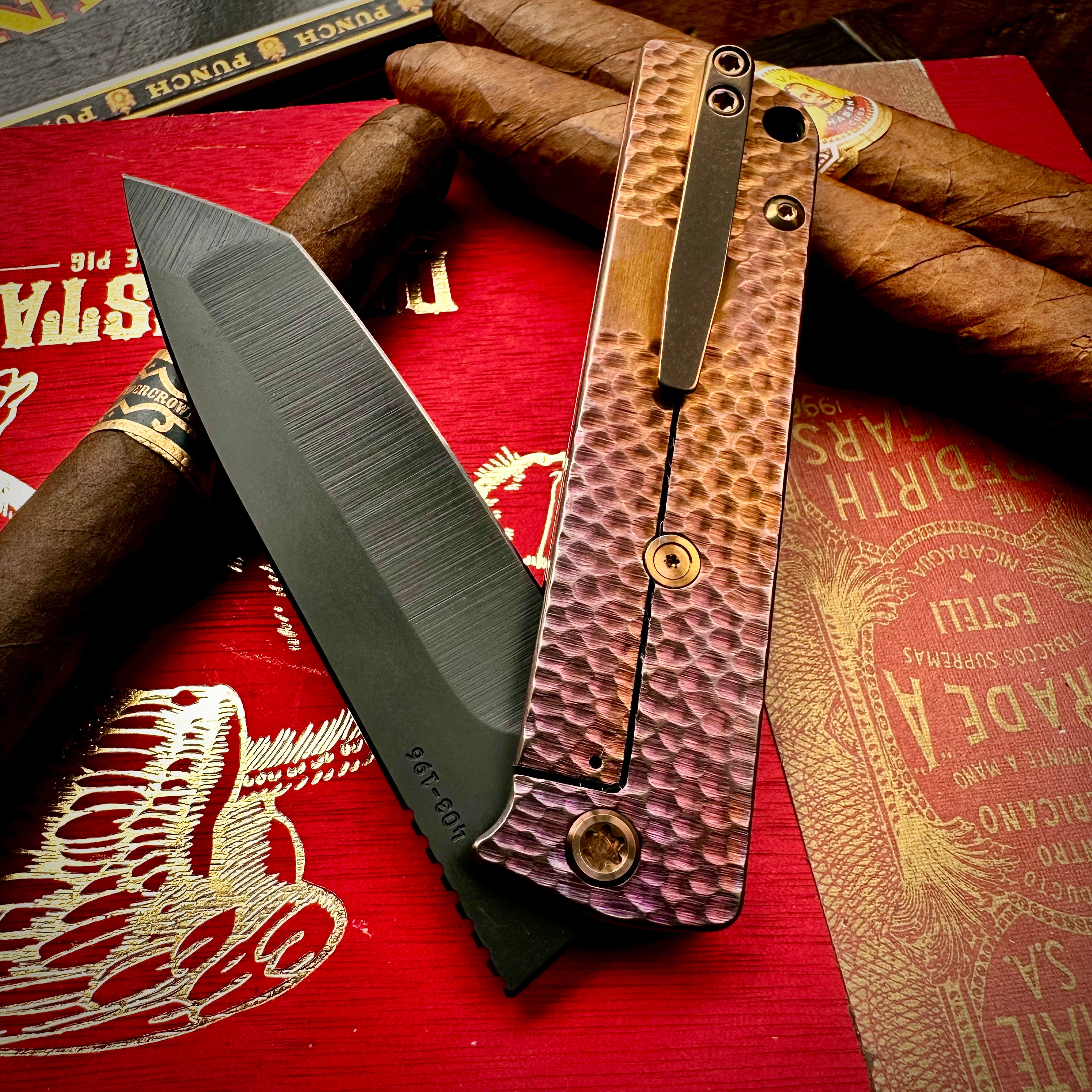 Medford Knife and Tool Antik Front Flipper - S35vn DLC Tanto, Bronze to Violet 'Hammered" Sculpting