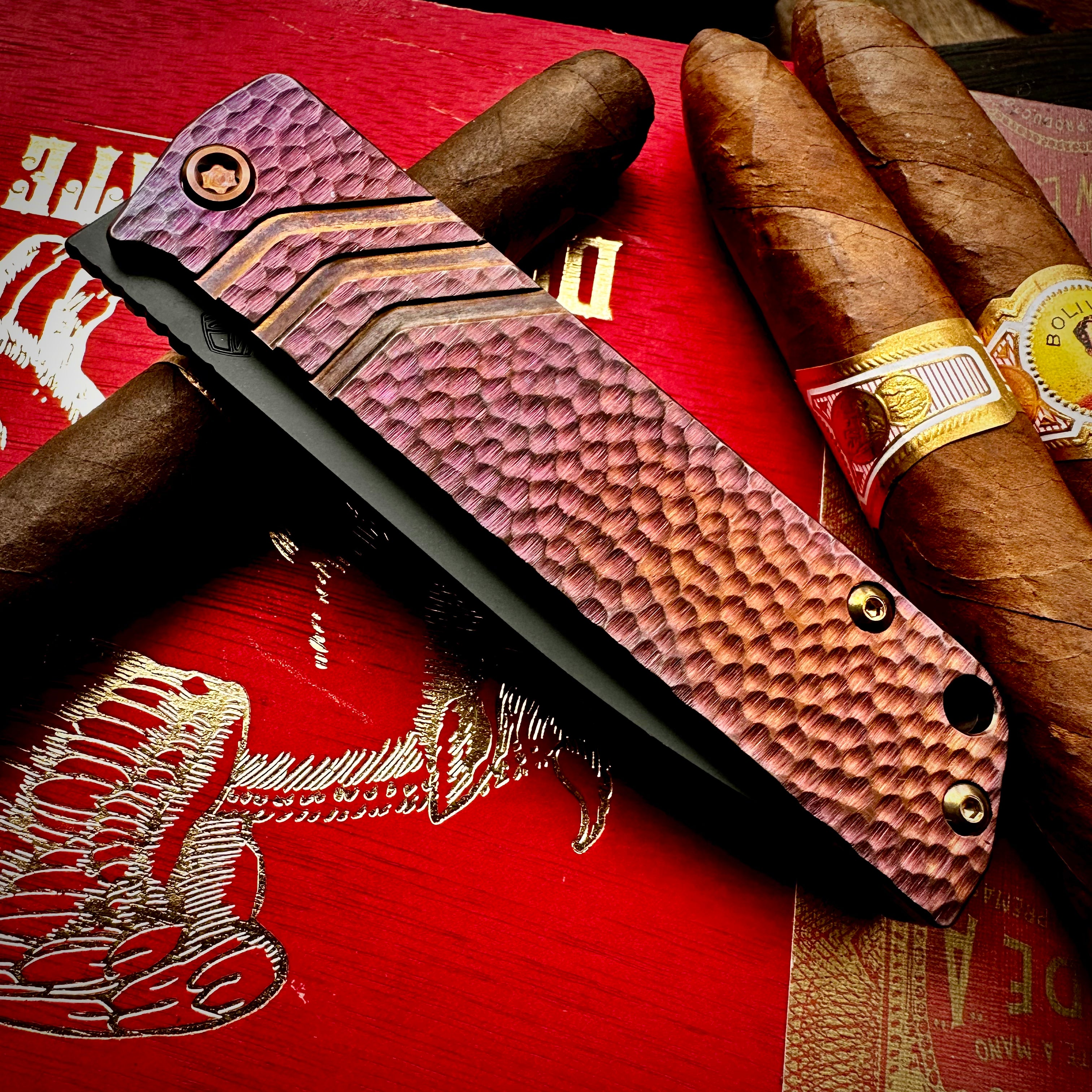 Medford Knife and Tool Antik Front Flipper - S35vn DLC Tanto, Bronze to Violet 'Hammered" Sculpting
