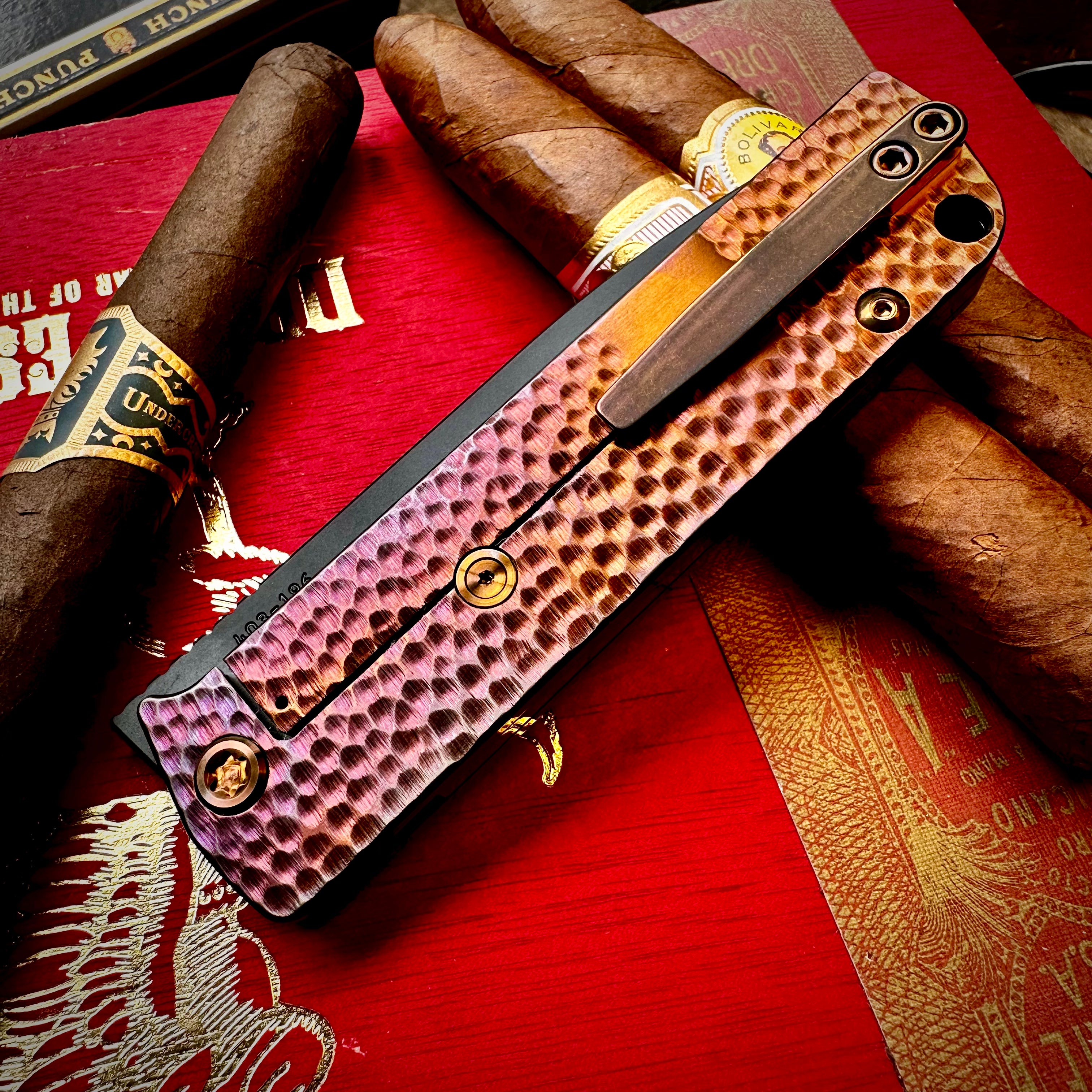Medford Knife and Tool Antik Front Flipper - S35vn DLC Tanto, Bronze to Violet 'Hammered" Sculpting