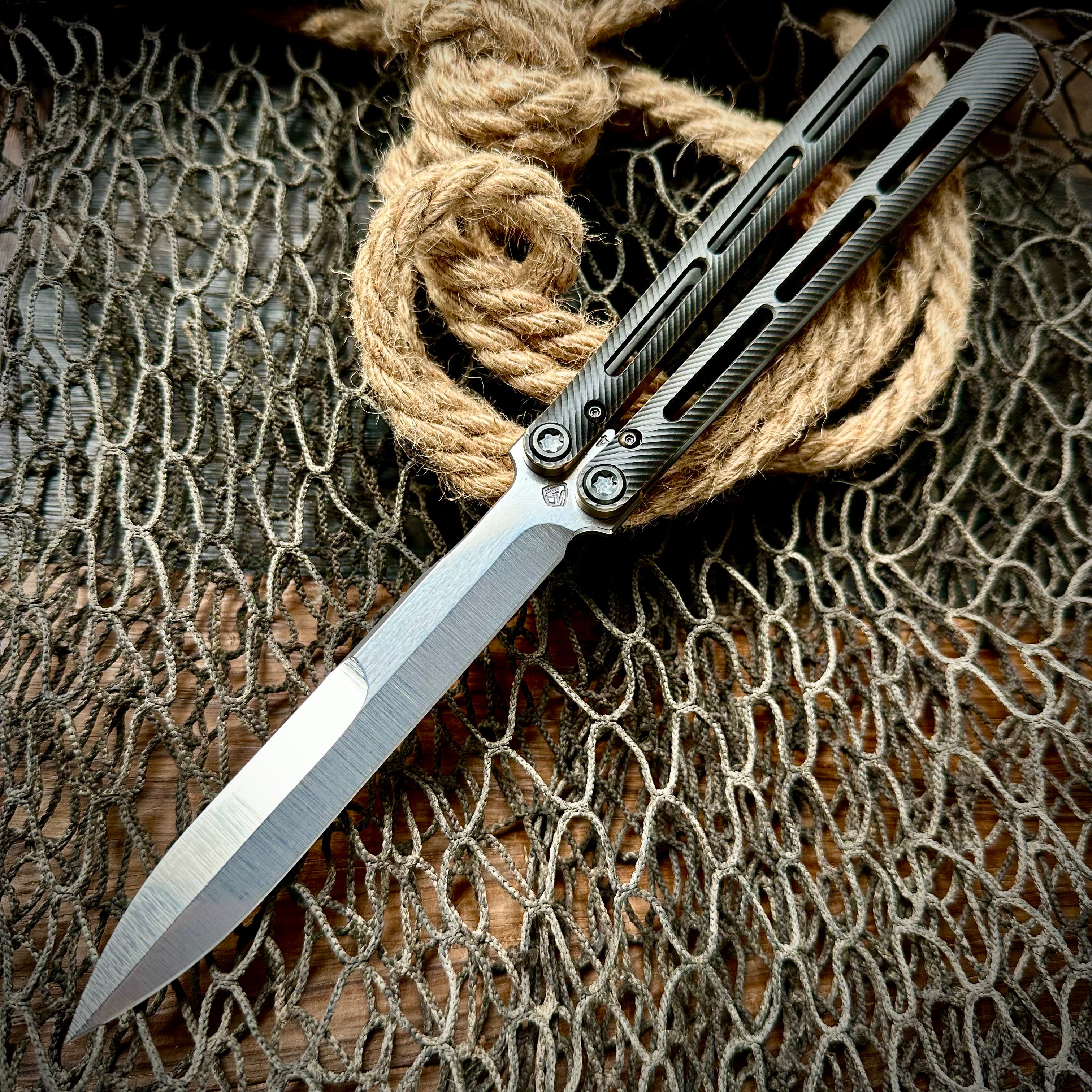 Medford Knife and Tool Viceroy Balisong Knife - Tumbled S45vn Double Edge Blade, Milled Black and Brushed Bronze/Violet Handle