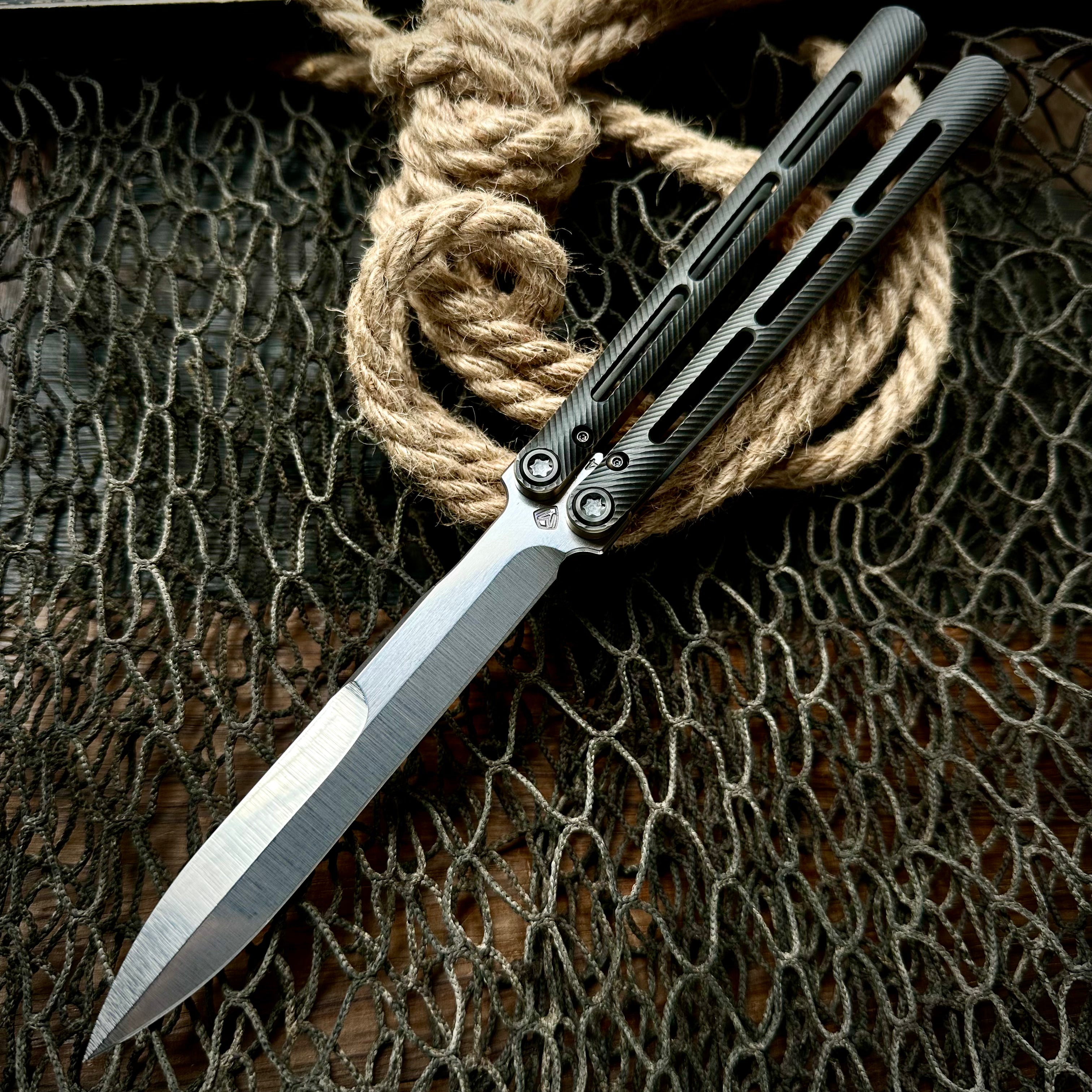 Medford Knife and Tool Viceroy Balisong Knife - Tumbled S45vn Double Edge Blade, Milled Black and Brushed Bronze/Violet Handle