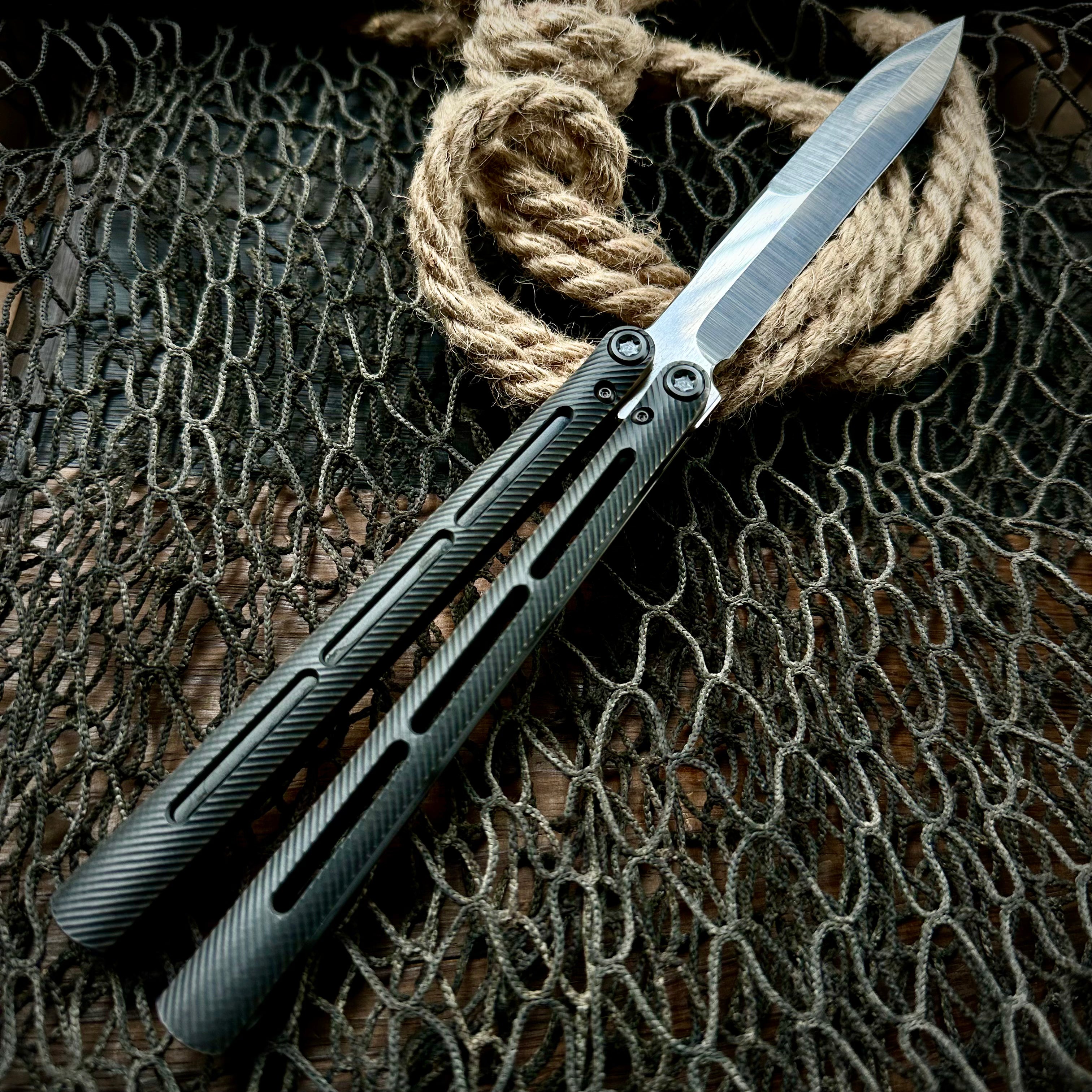 Medford Knife and Tool Viceroy Balisong Knife - Tumbled S45vn Double Edge Blade, Milled Black and Brushed Bronze/Violet Handle