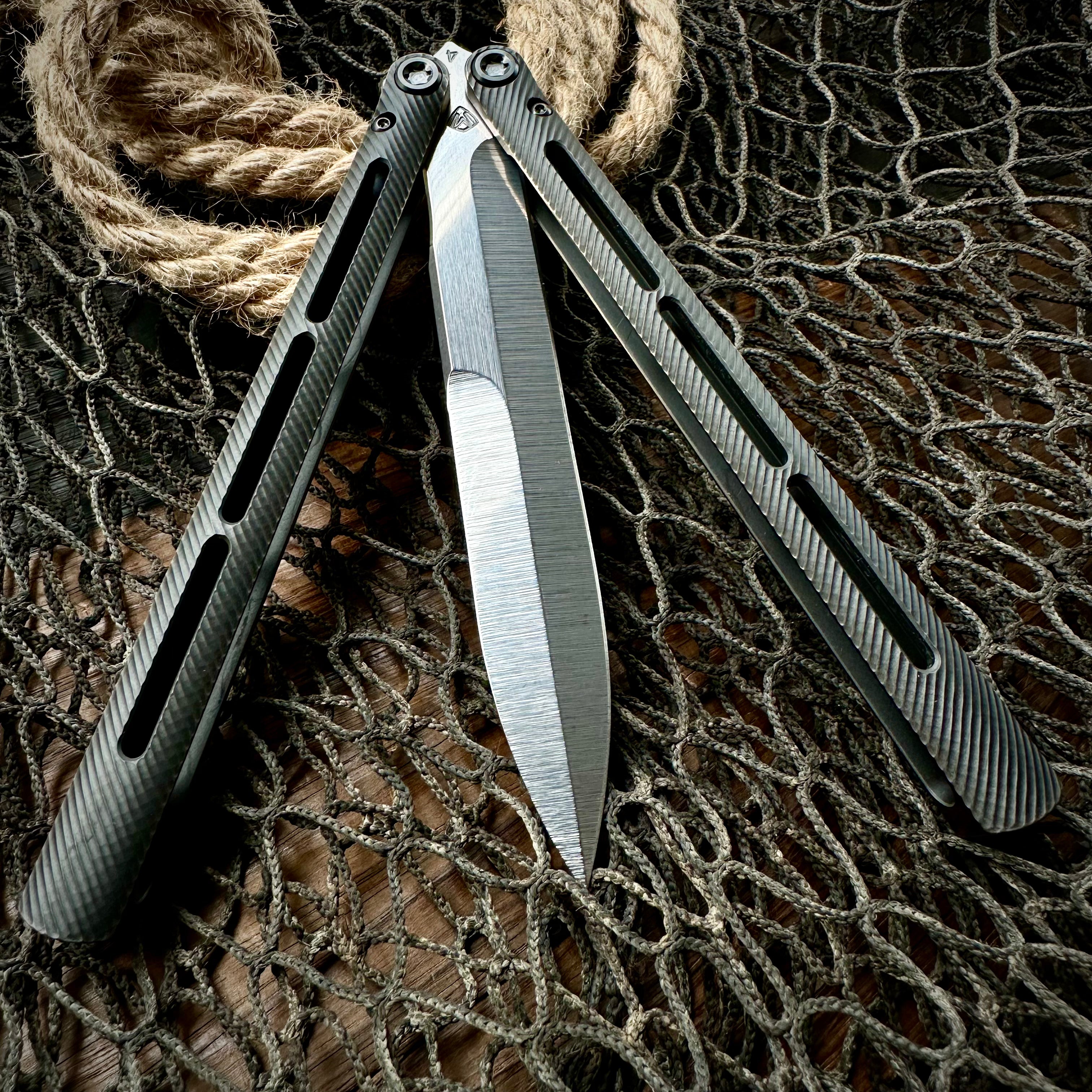 Medford Knife and Tool Viceroy Balisong Knife - Tumbled S45vn Double Edge Blade, Milled Black and Brushed Bronze/Violet Handle