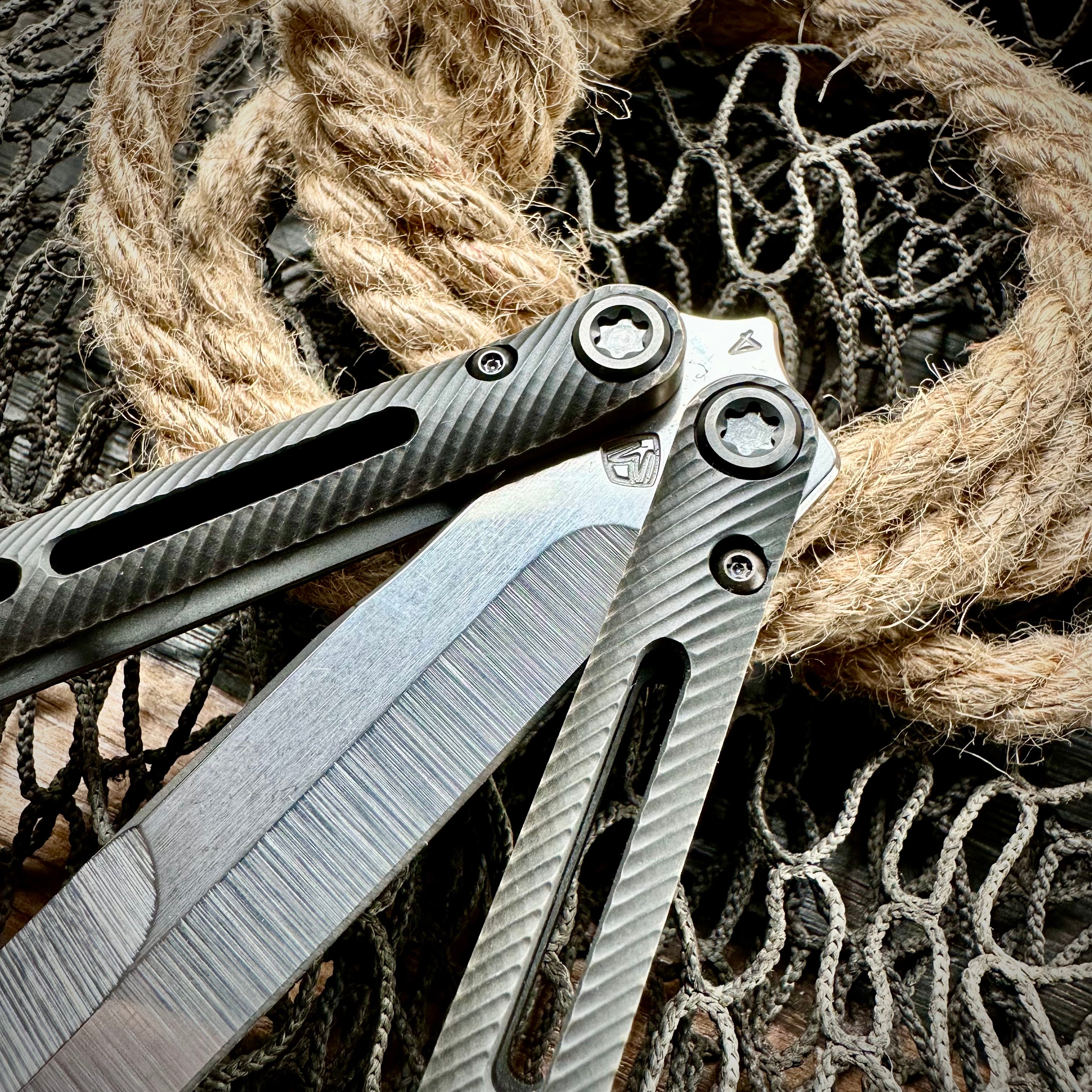 Medford Knife and Tool Viceroy Balisong Knife - Tumbled S45vn Double Edge Blade, Milled Black and Brushed Bronze/Violet Handle