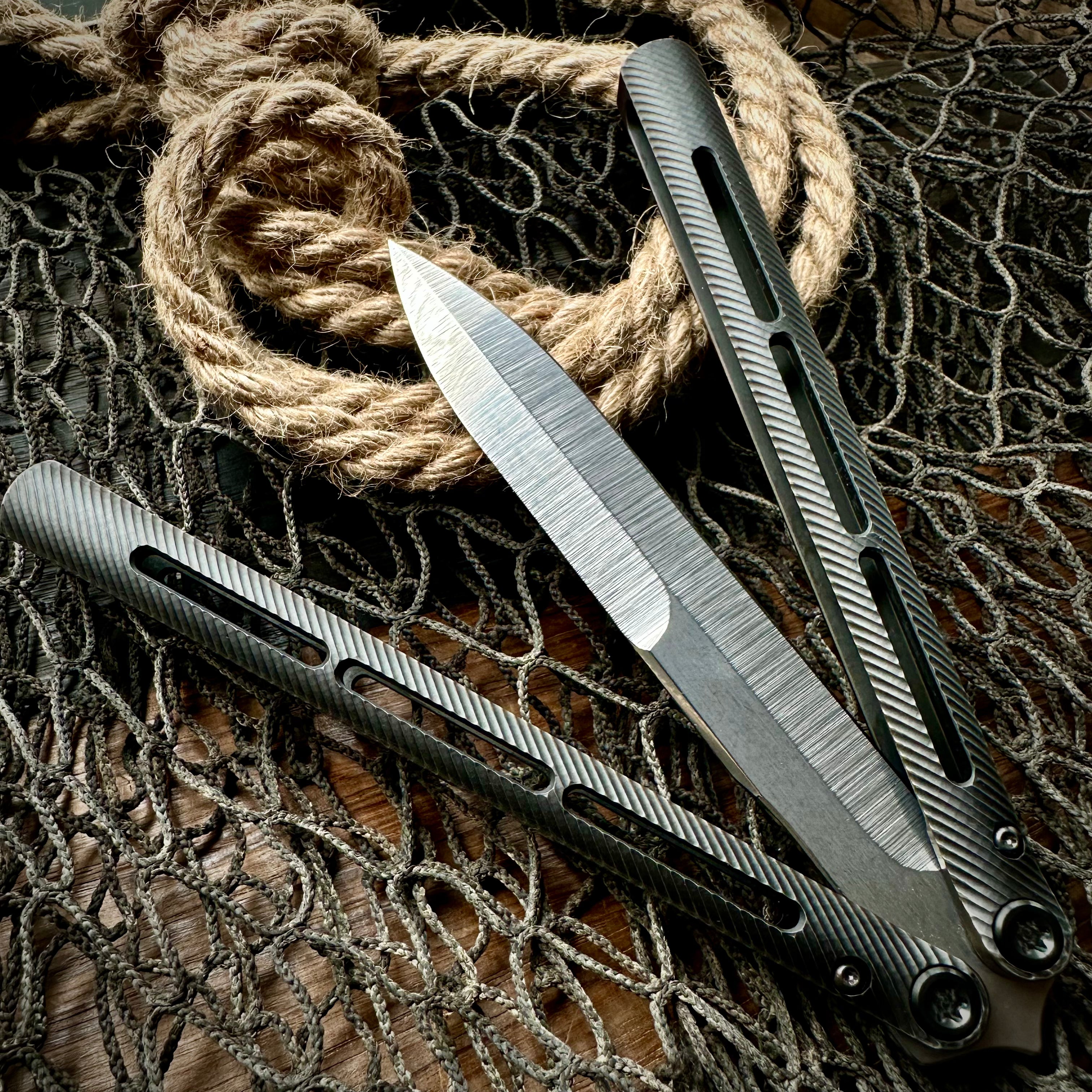 Medford Knife and Tool Viceroy Balisong Knife - Tumbled S45vn Double Edge Blade, Milled Black and Brushed Bronze/Violet Handle