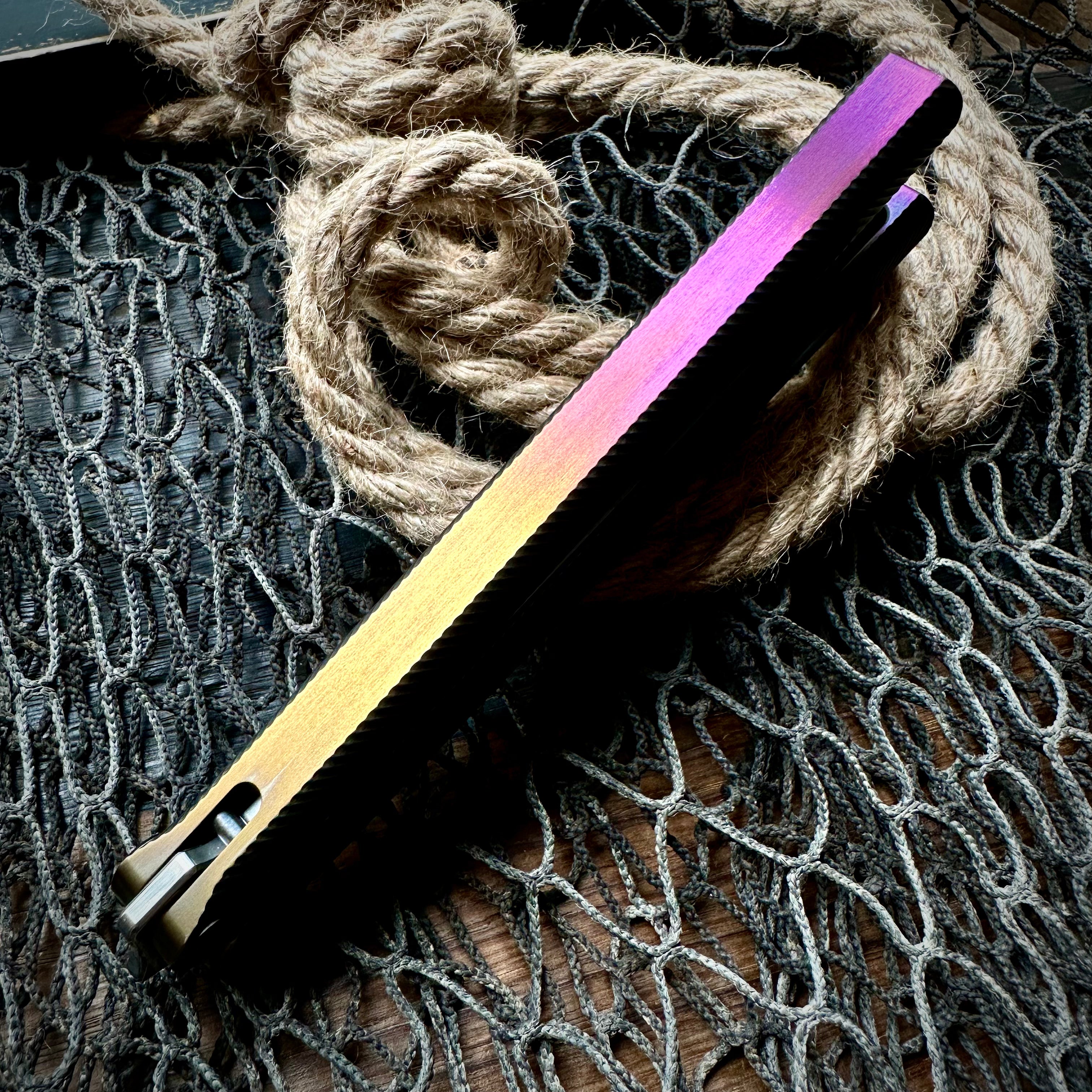 Medford Knife and Tool Viceroy Balisong Knife - Tumbled S45vn Double Edge Blade, Milled Black and Brushed Bronze/Violet Handle