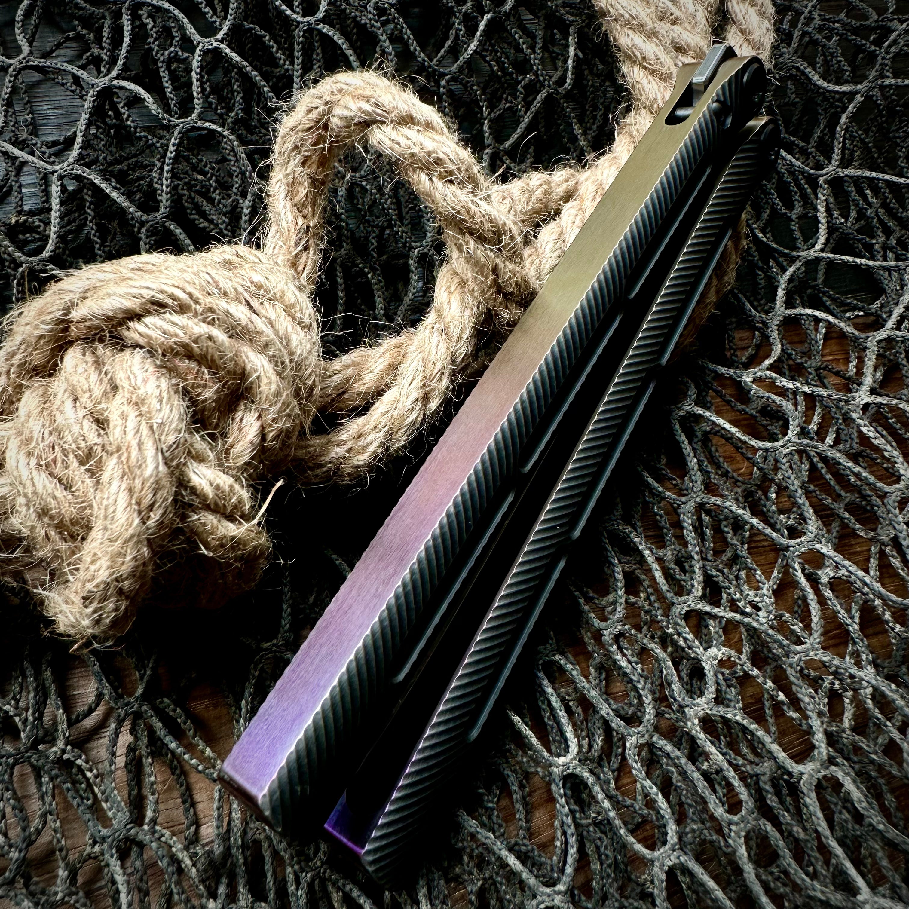 Medford Knife and Tool Viceroy Balisong Knife - Tumbled S45vn Double Edge Blade, Milled Black and Brushed Bronze/Violet Handle