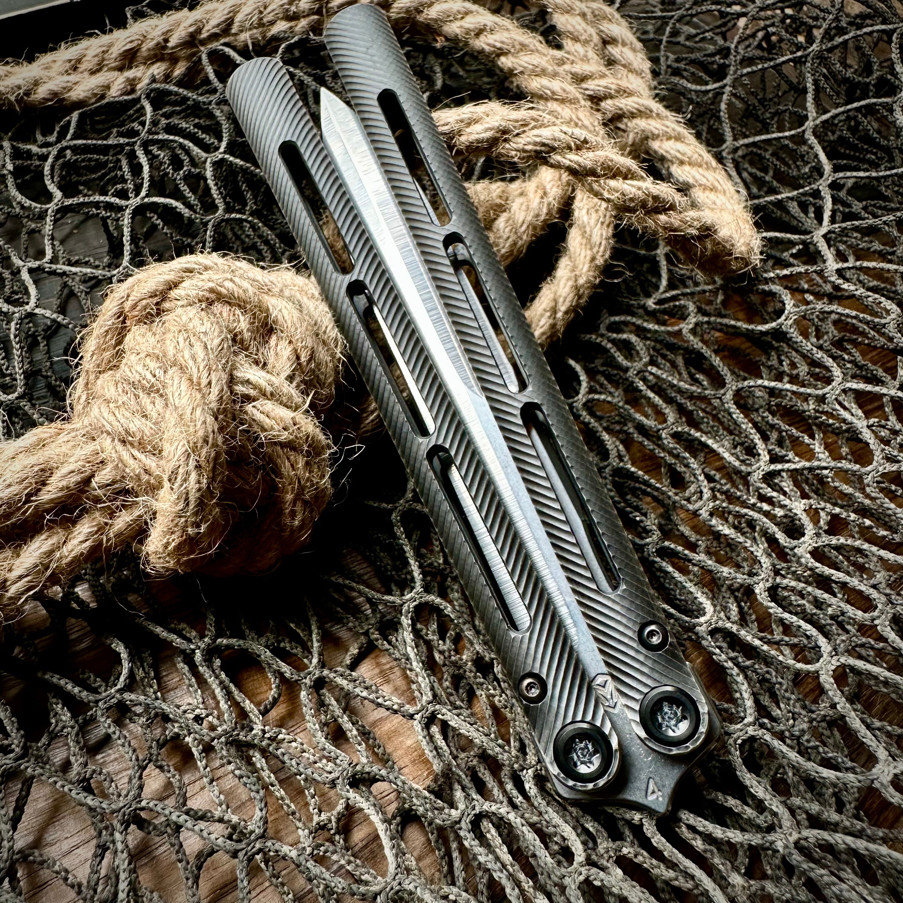 Medford Knife and Tool Viceroy Balisong Knife - Tumbled S45vn Double Edge Blade, Milled Black and Brushed Bronze/Violet Handle