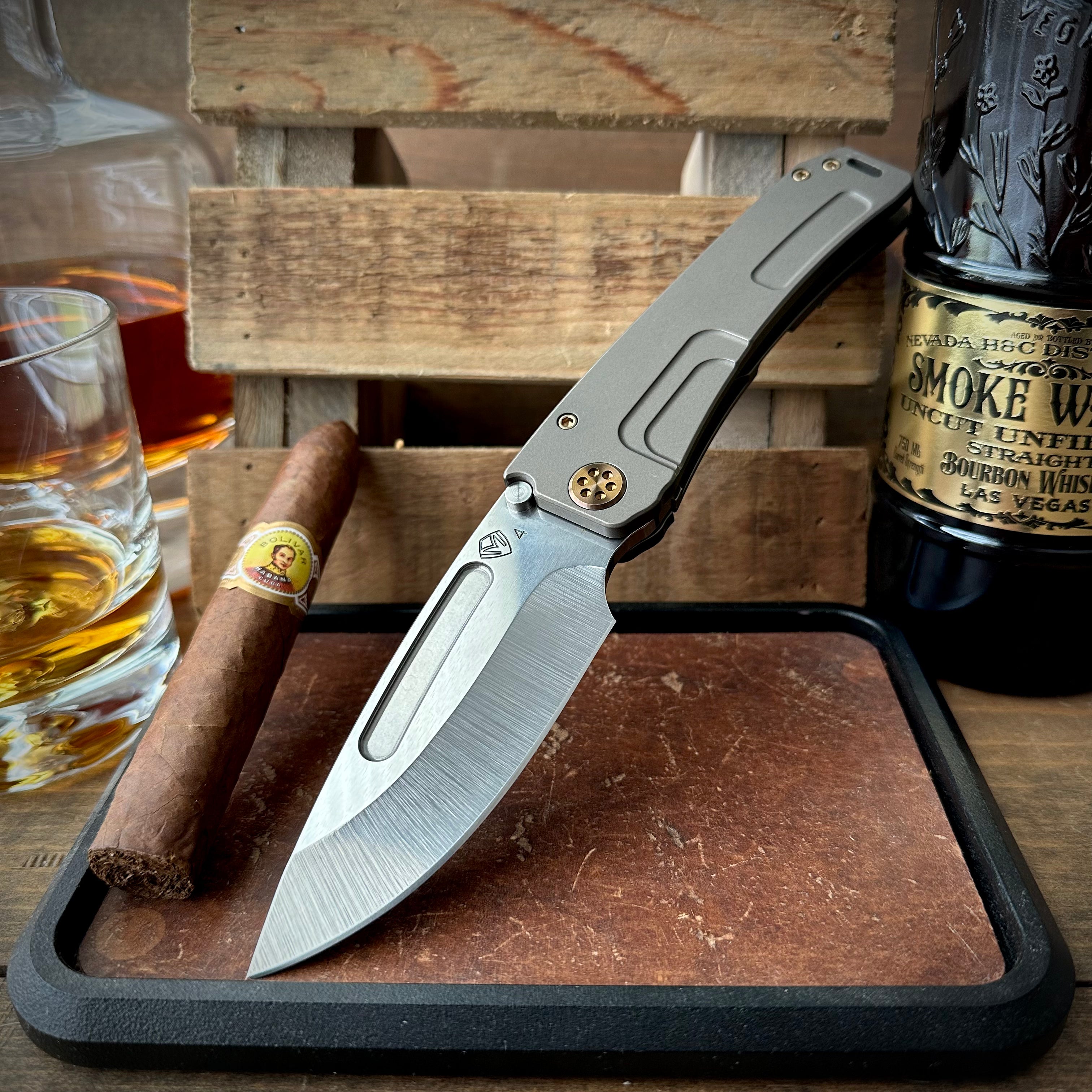 Medford Knife and Tool Marauder-H with S45vn Drop Point Blade, Old School Tumbled Rose Gold Titanium Handles, Rose Gold Hardware, and Standard Breaker