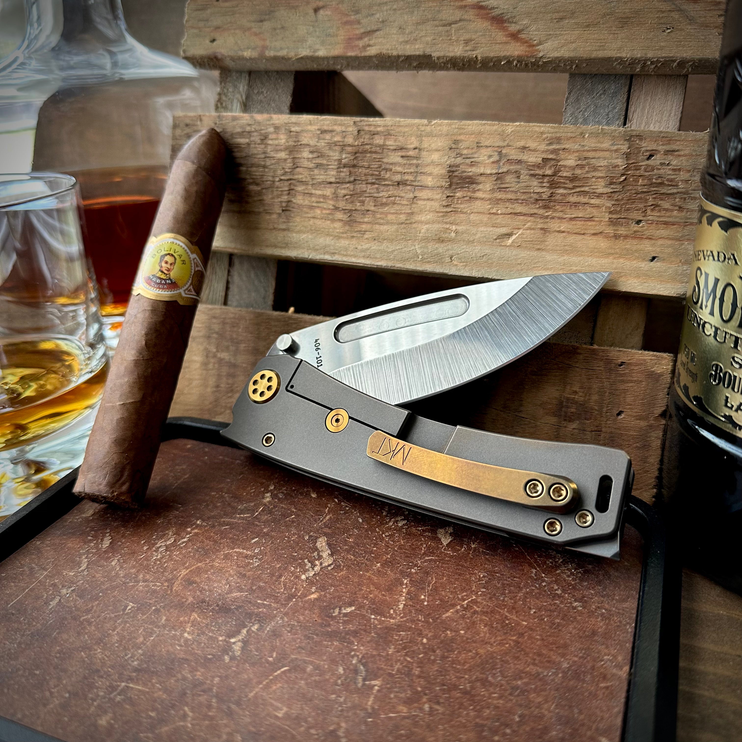 Medford Knife and Tool Marauder-H with S45vn Drop Point Blade, Old School Tumbled Rose Gold Titanium Handles, Rose Gold Hardware, and Standard Breaker - Anodized Clip