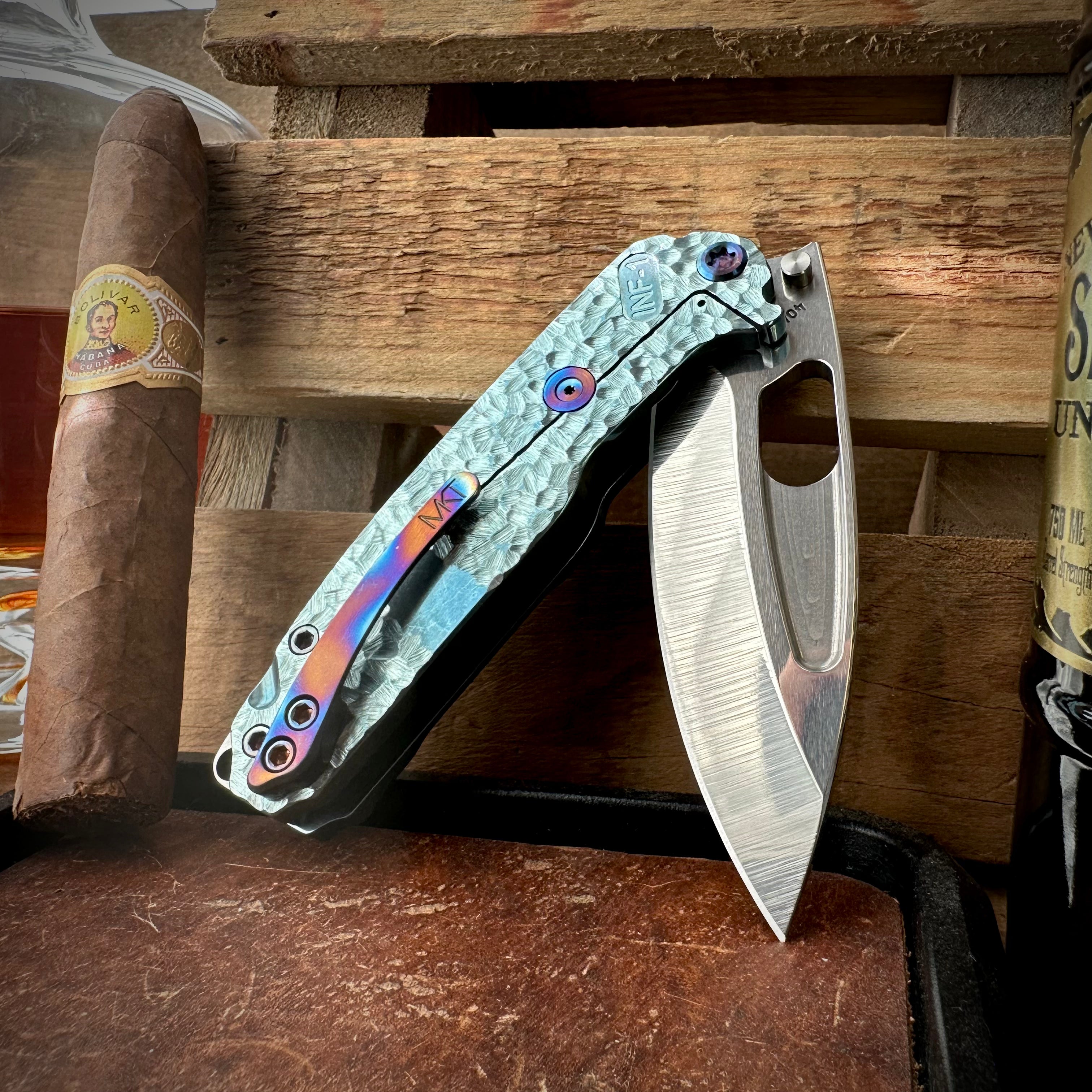 Medford Knives Infraction Tumbled S45vn Blade Hammered Teal Blue Titanium Handles