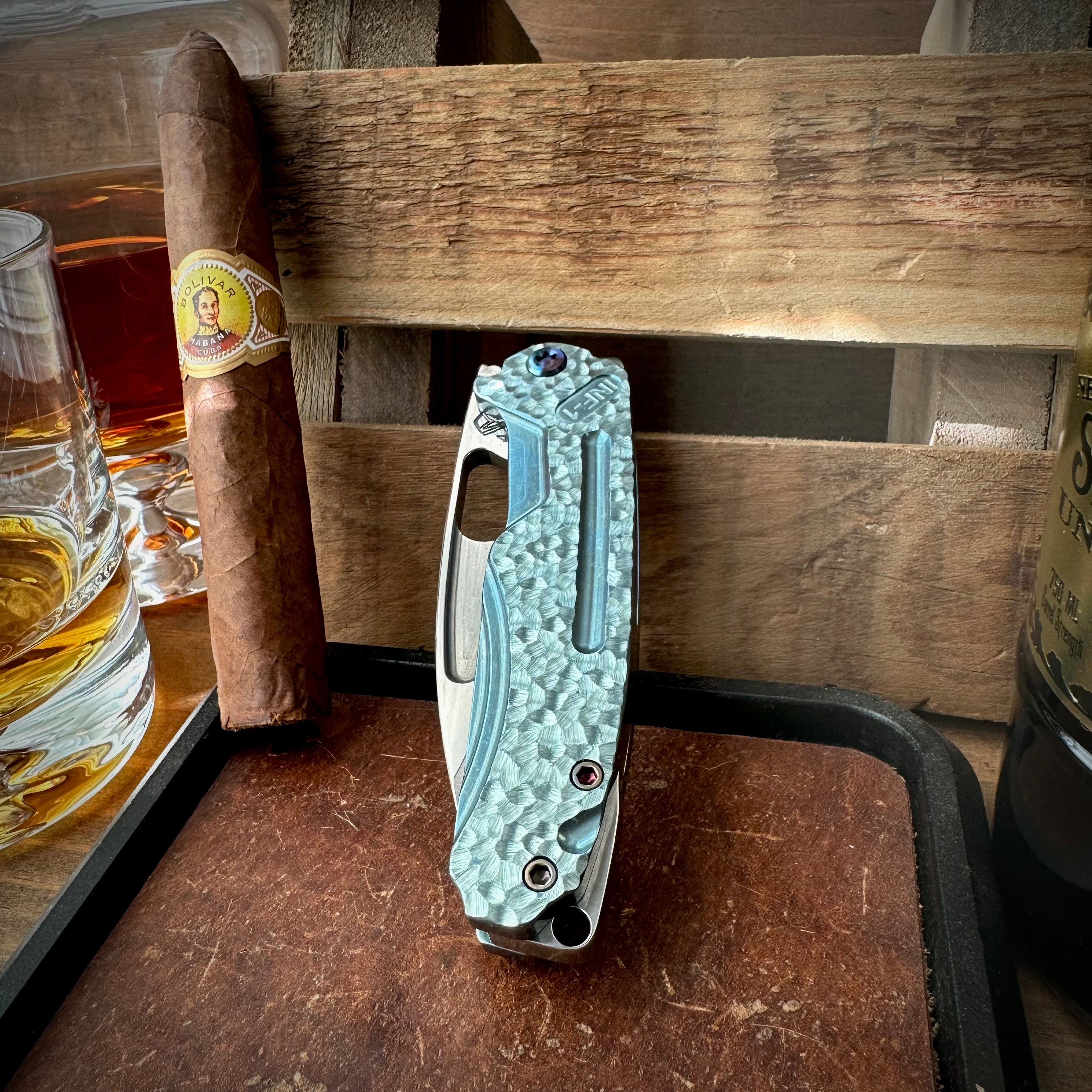 Medford Knives Infraction Tumbled S45vn Blade Hammered Teal Blue Titanium Handles