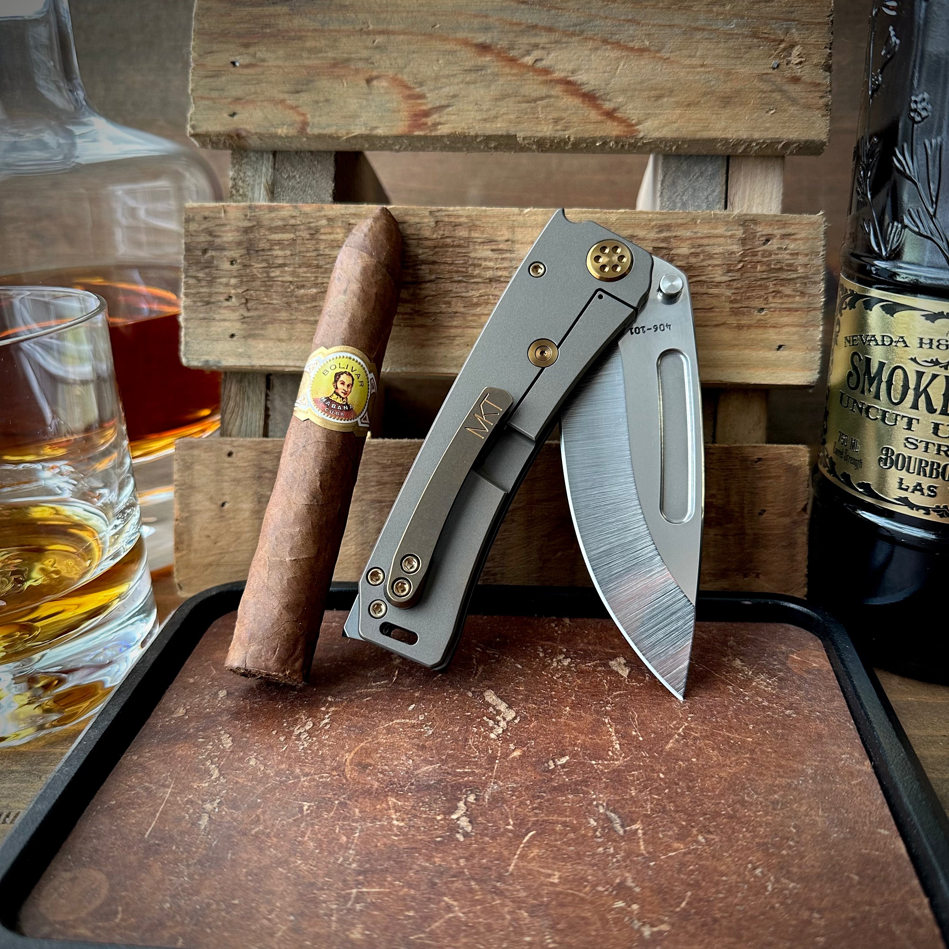 Medford Knife and Tool Marauder-H with S45vn Drop Point Blade, Old School Tumbled Rose Gold Titanium Handles, Rose Gold Hardware, and Standard Breaker - Lock Side