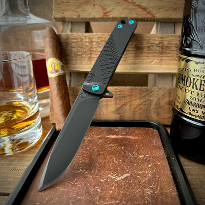 Medford Knives M-48 Flipper Knife Black w/ Green Sponge Anodized Lock Side