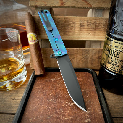 Medford Knives M-48 Flipper Knife Black w/ Green Sponge Anodized Lock Side