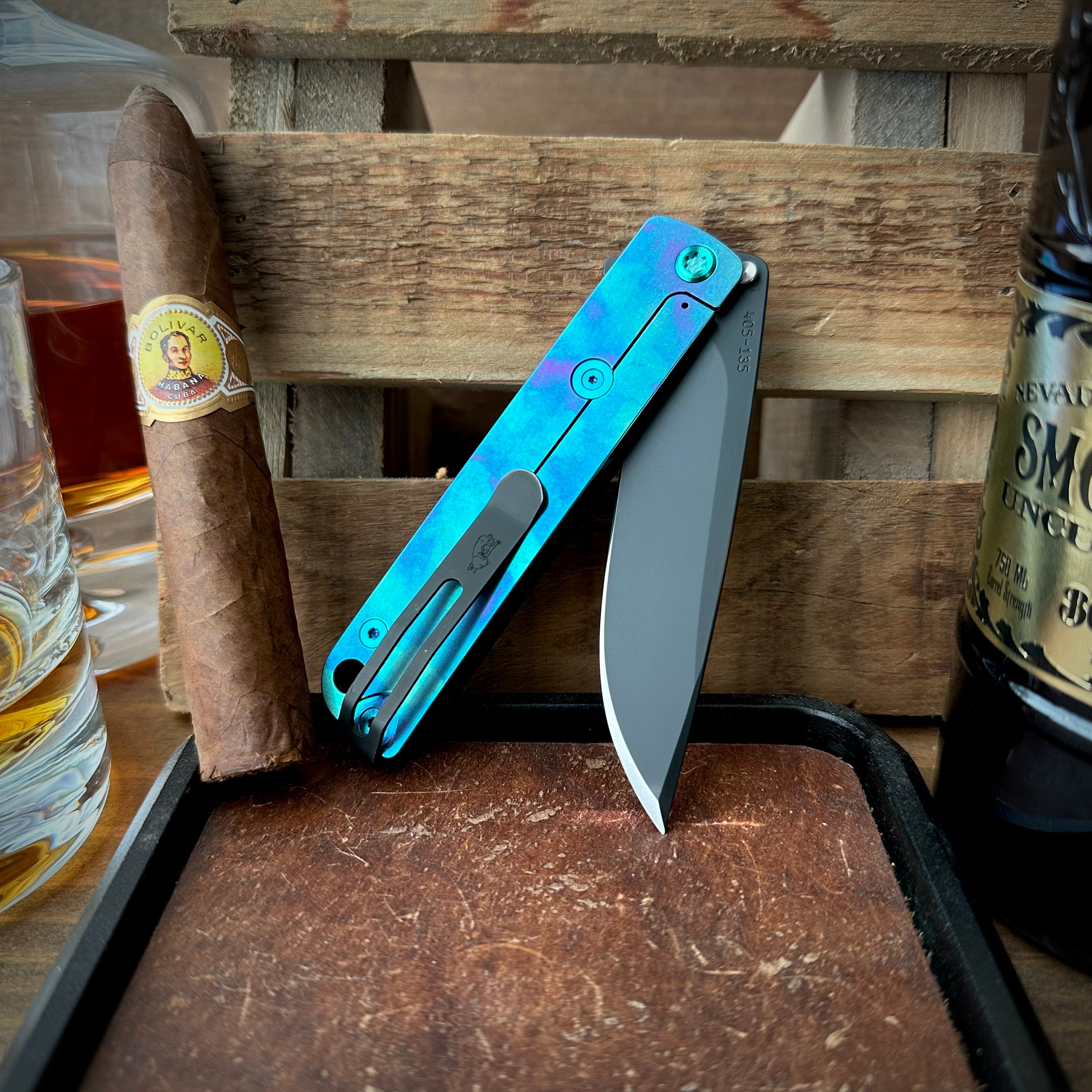 Medford Knives M-48 Flipper Knife Black w/ Green Sponge Anodized Lock Side